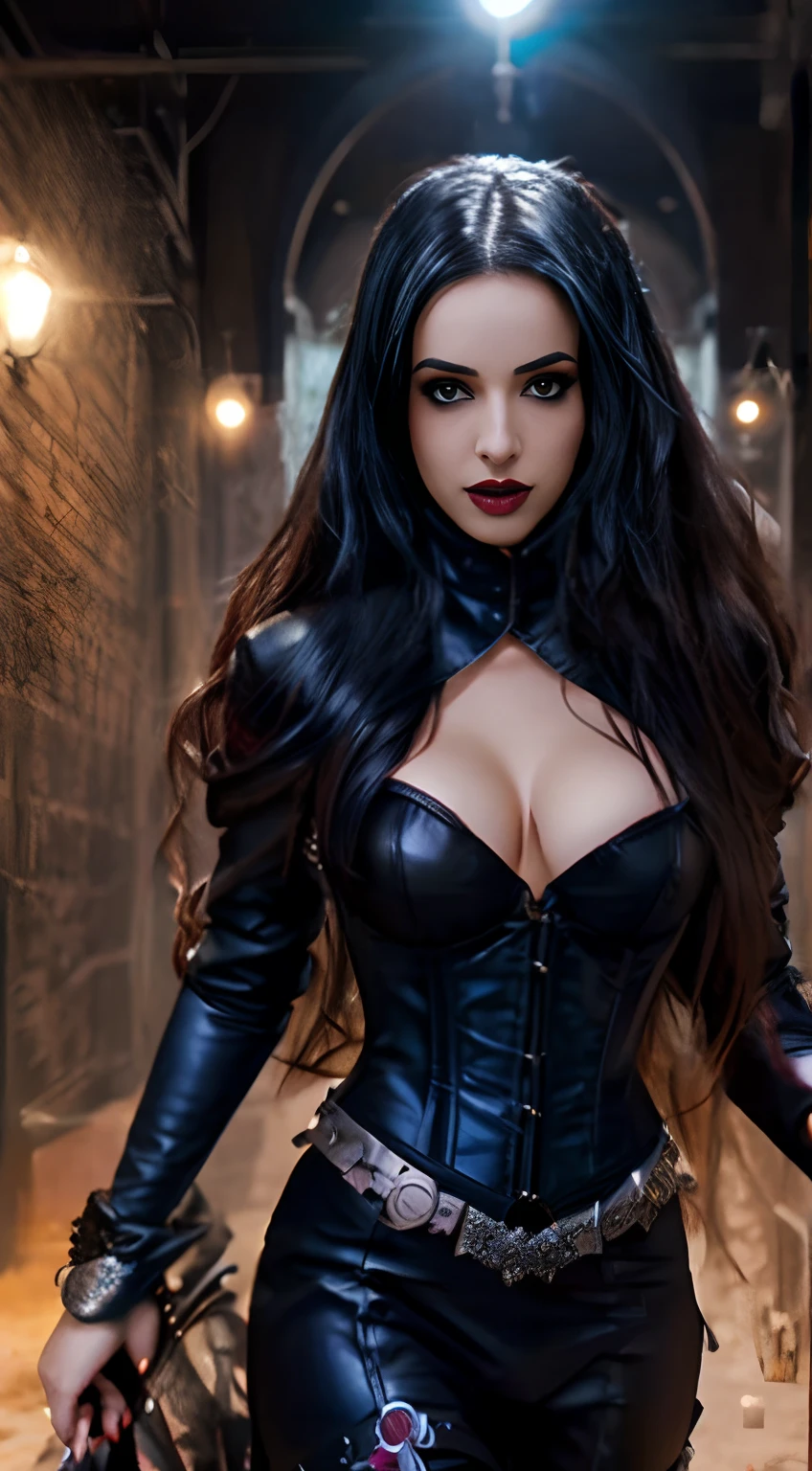 Woman in black corset and leather suit , seductive cyberpunk dark fantasy, fantasy leather clothing, in a leather corset, Guerrera vampiro, Zenescope, succubus | medieval, Seductora mujer hipnotizada, Con armadura de asesino de cuero, caminando por el infierno, infernal