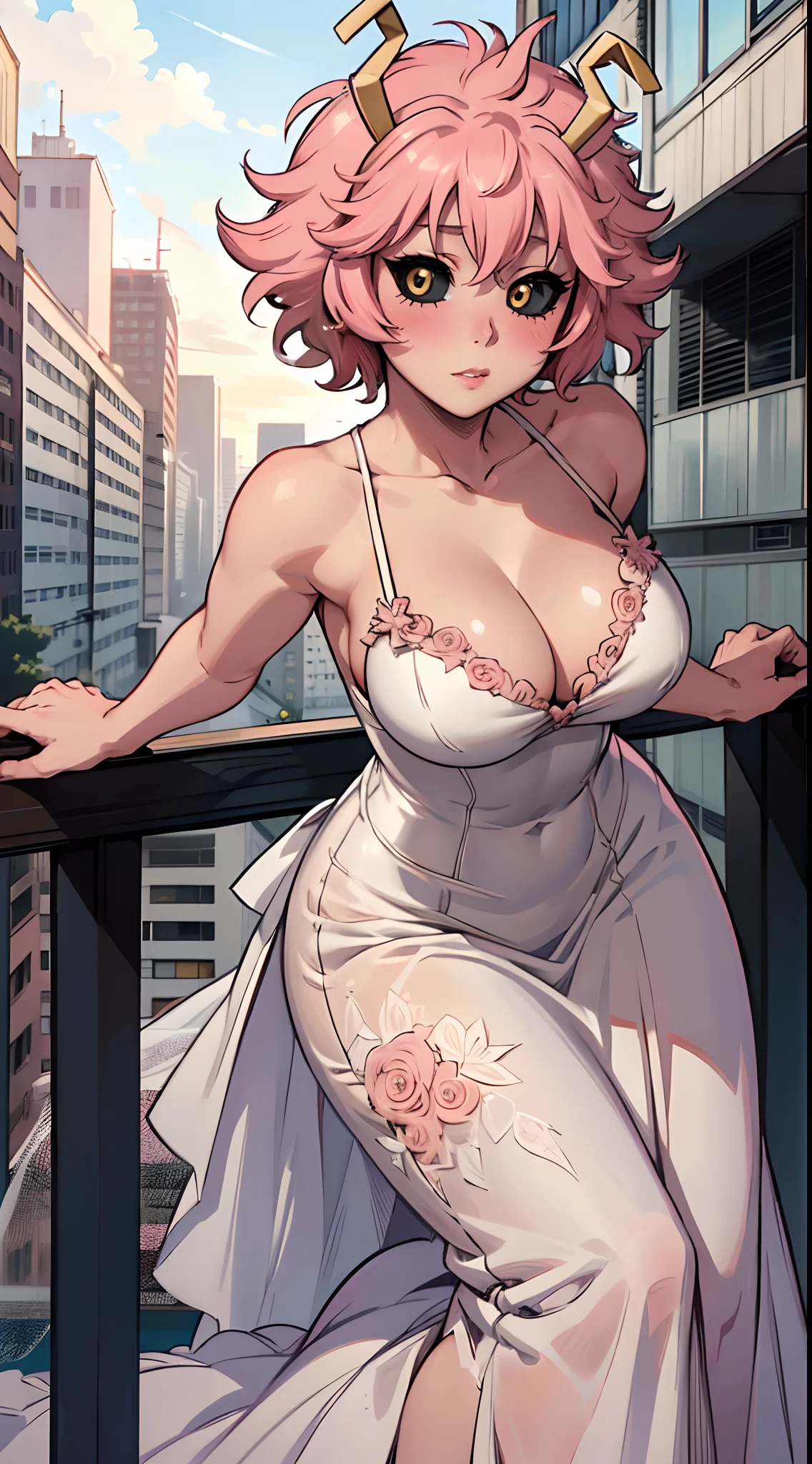 (best quality:1.3), (4k quality), 1 mature woman, Mina Ashido by boku no hero, ((Detailed face)), (blush), city, (long wedding dress), (leaning forward)