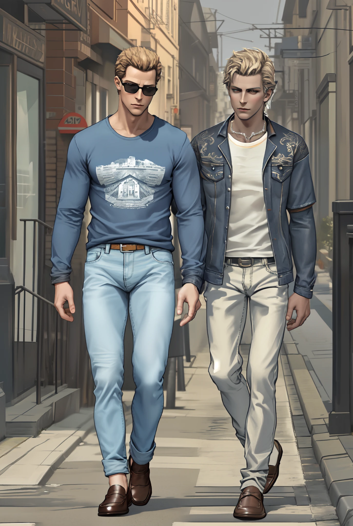 Albert Wesker, walking down a street, two men, casual clothing, long sleeve t shirt, skinny jeans, loafers, good anatomy, blend in with picture