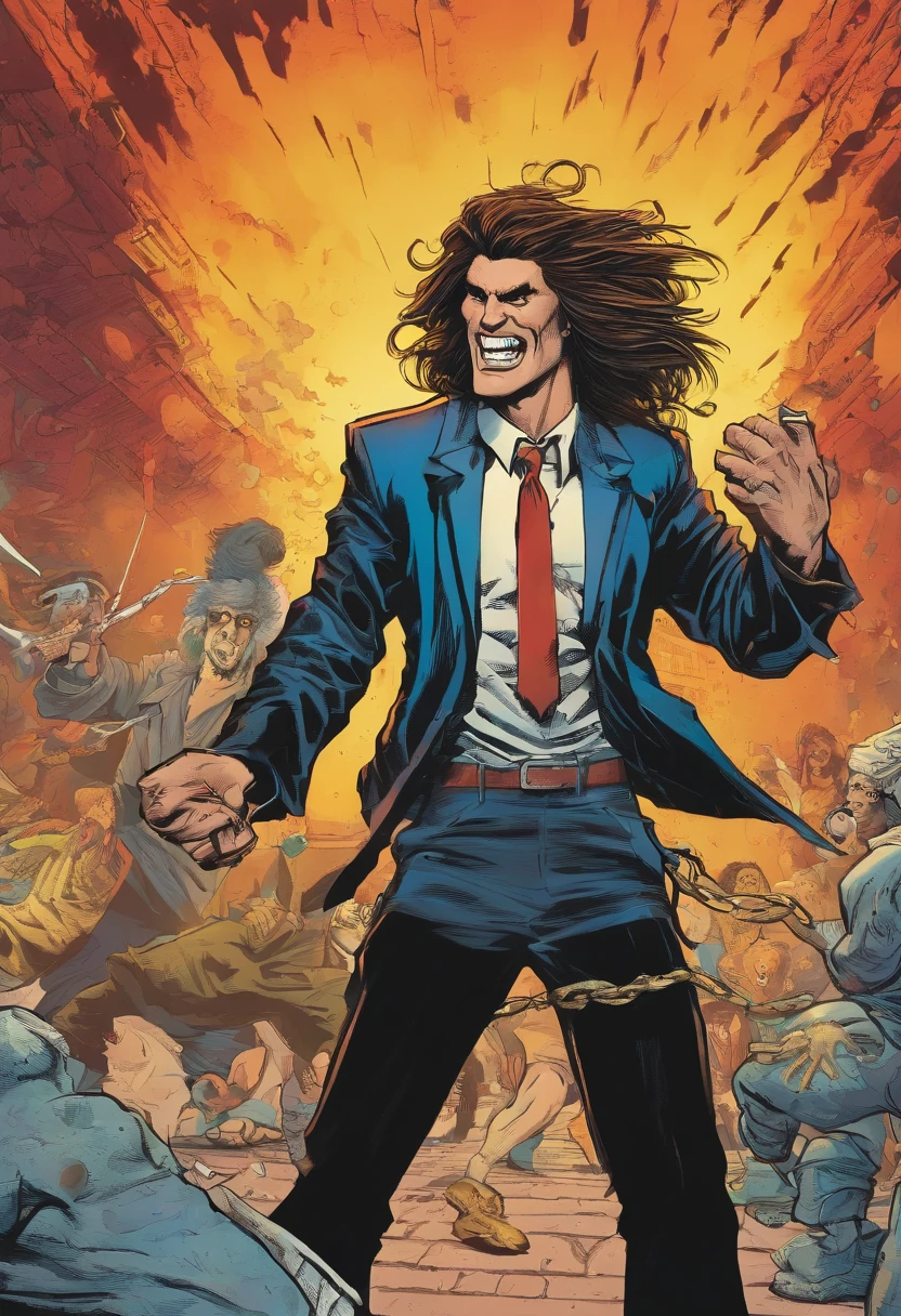 A long-haired metal fan beats a man in a suit with thinning hair, Punk rock album cover art style, 1 9 8 0's heavy metal album cover, metal album cover art