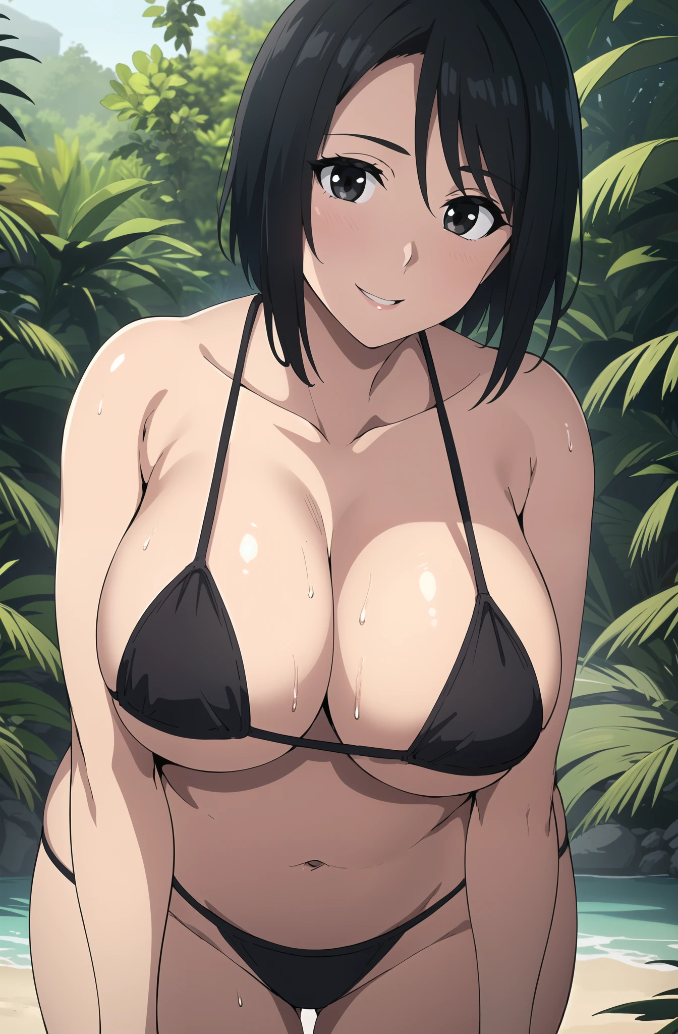 best quality, ultra high resolution, professional artwork, ultra detailed, HD, beautiful tall and mature around 24-28 years old white woman, with black_hair, Bangs,brown_eyes, short hair, wearing a micro black bikini with no sleeves, collarbone, swimsuit, bikini, armor, skindentation, black bikini,   huge breasts: 1.3, puffy, wide hip, breasts are protruding, , jungle Woman, wide hips, seductive and sexy, beautiful embarrassed face with a affectionate look and, thick thighs, detailed ultra oily-shiny skin, daytime, Standing in a lush and mysterious jungle, making a superhero pose while still being sexy and cheerful, cowboy shot, close up, Looking at the Viewer, detailed face, detailed black eyes, detailed hair, , alone, solo, 1 girl, portrait upper body,