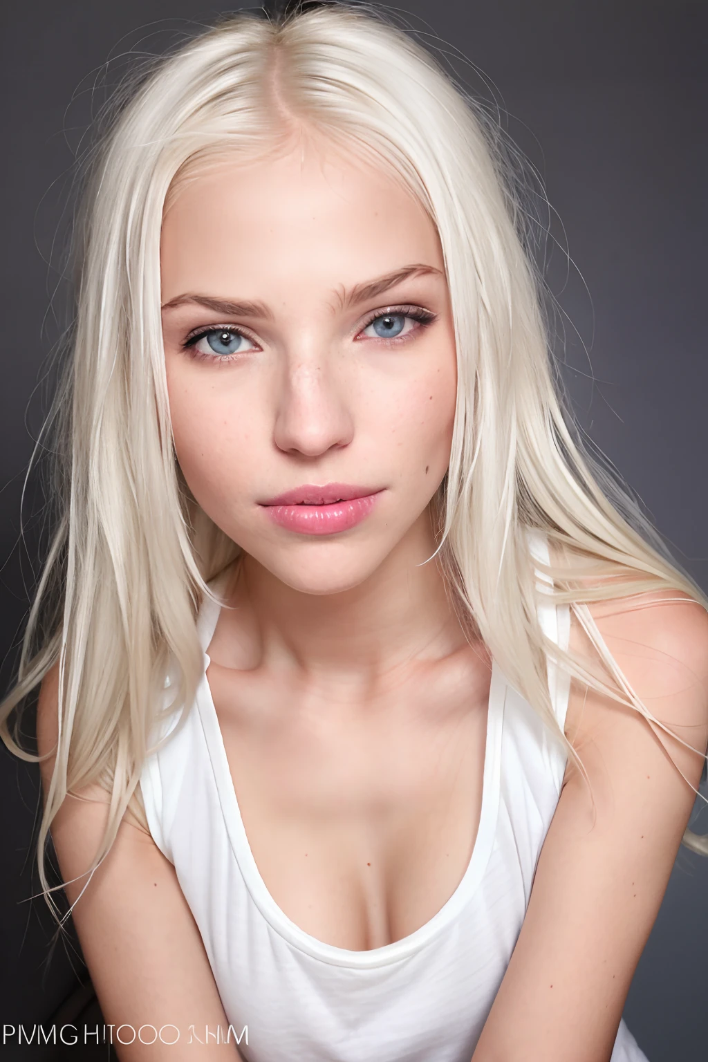 (((photographic, photo, photogenic))),woman with white hair and blue eyes, (detailed face, nose), wearing ((Jeggings)) and ((Tank top)) (f1.8 short focus bokeh), focus on eyes, studio white background ,