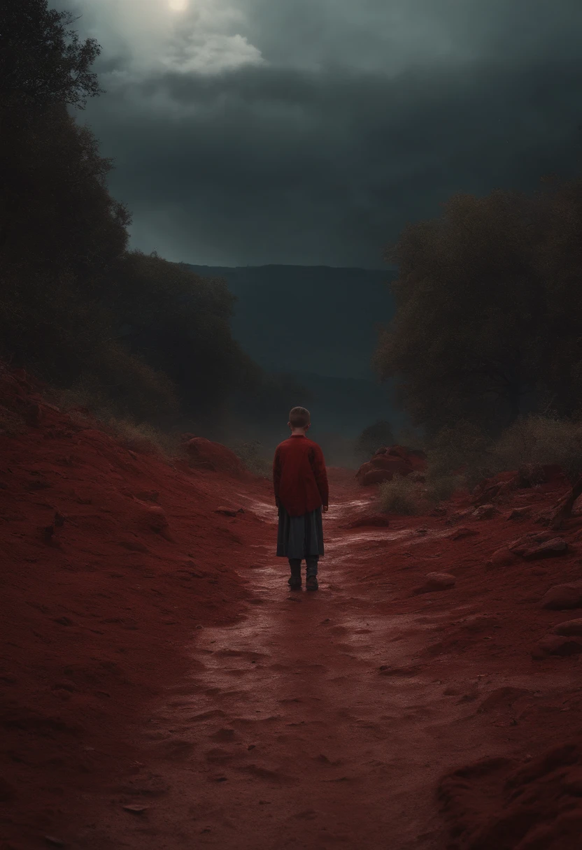 (best quality,4k,8k,highres,masterpiece:1.2),ultra-detailed,red earth with numerous eyes, blood-like ground, a stands on it, all eyes staring at him, haunting atmosphere, eerie, mysterious, somber lighting, vivid colors, horror, surreal, dreamlike, abandoned landscape