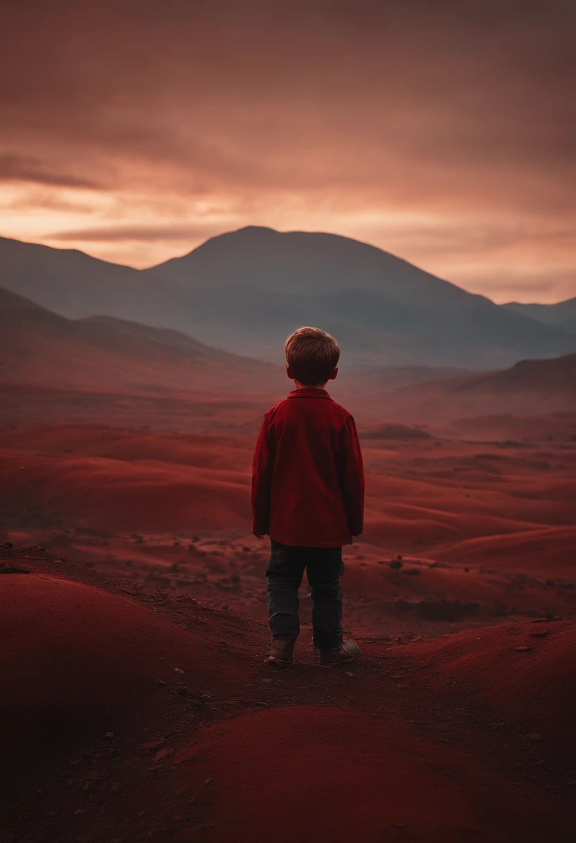 (best quality,4k,8k,highres,masterpiece:1.2),ultra-detailed,red earth with numerous eyes, blood-like ground, a little boy stands on it, all eyes staring at him, haunting atmosphere, eerie, mysterious, somber lighting, vivid colors, horror, surreal, dreamlike, abandoned landscape