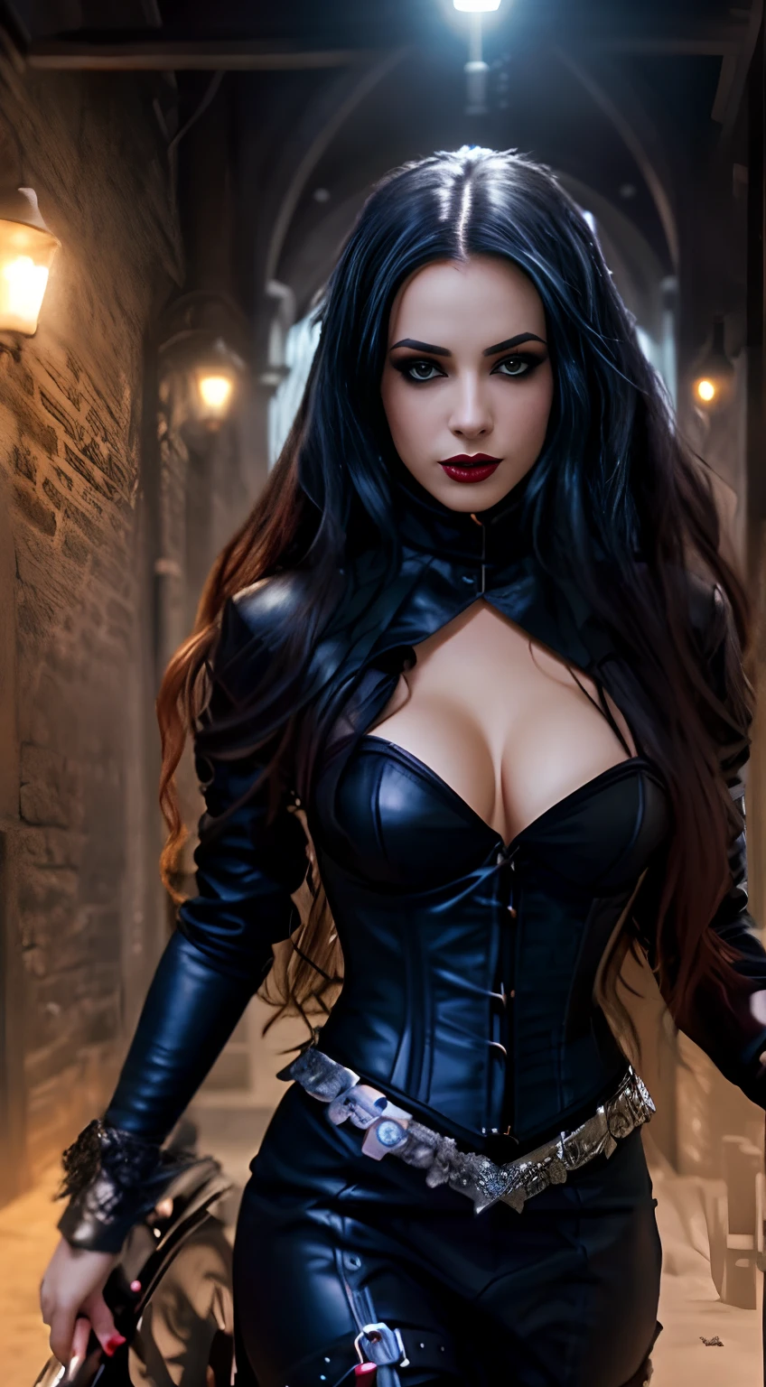 Araffe woman in black corset and leather suit, seductive cyberpunk dark fantasy, cosplay en Black Harley Queen, cosplay glamuroso, vestido de cuero negro, cosplay, gothic - cyberpunk, gothic city streets behind her, artgerm moody photography, Yennefer, en armadura de cuero, Yennefer de Vengerberg, hermosa reina vampiro, Gothic Maid