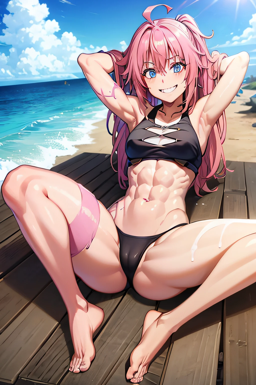 ((female)), (very messy hair), (happy smile), Fangs, ((ripped abs)), toned arms and legs, medium breasts, Excessive sweating, (summer beach scene), bright blue eyes, ( (pink hair)), barefoot, yacht in the background,