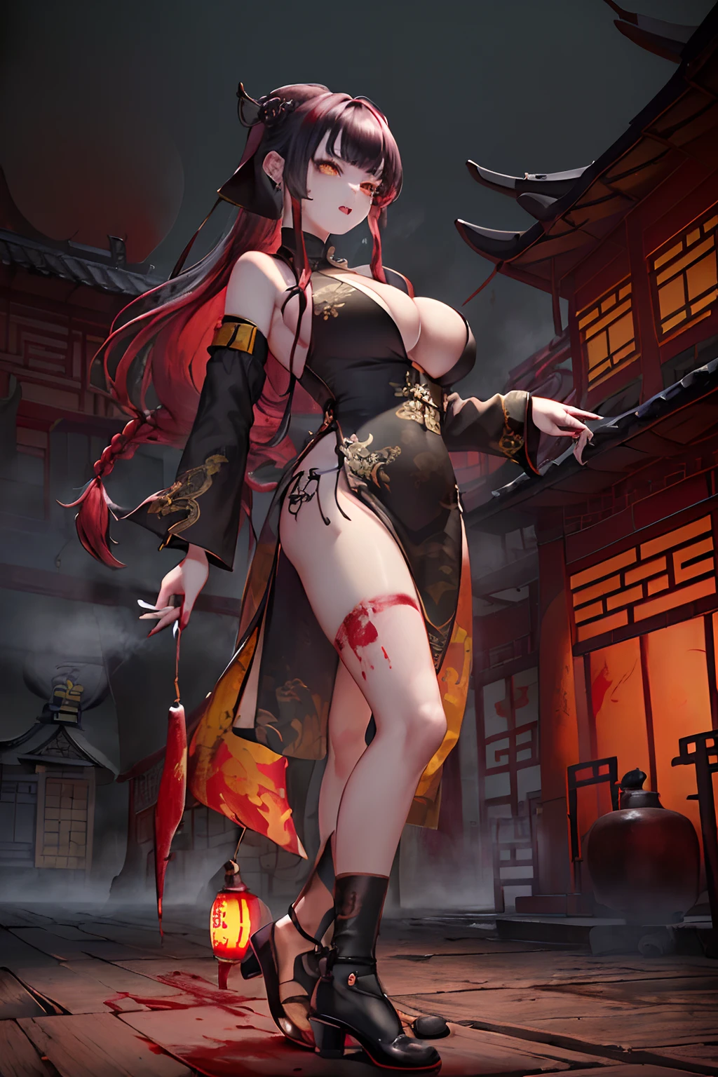 top-quality、Top image quality、in 8K,4K,masterpiece、(NSFW:1.1)、ultra-detailliert、Beautiful、ultra-quality、adult-like、Cool、((Undersized breasts:1.4、Narrow cleavage, under the boobs, (Bloods:1.4), wounds, (Bloody:1.1), Blood everywhere, (Blood on clothes:1.1), blood pool, (Covered with blood:1.3))、Girl Eating People's Flesh(((18year old、Kyungsi Style:1.3、bra very:1.1、Chinese Long Sleeve:1.3、Wearing Chinese Hair Ornaments:1.5、silber hair、long braided red hair:1.3、Putting out fangs:1.5、fingers long nails:1.3、Yellow Eye、erotick:1.4、Happiness、The tattoo)))、hiquality、visualart、Background with((Dark Old Chinese House:1.3、Midnight Chinese old house background:1.3、Black fog:1.3、Broken coffin:1.5))、masutepiece
