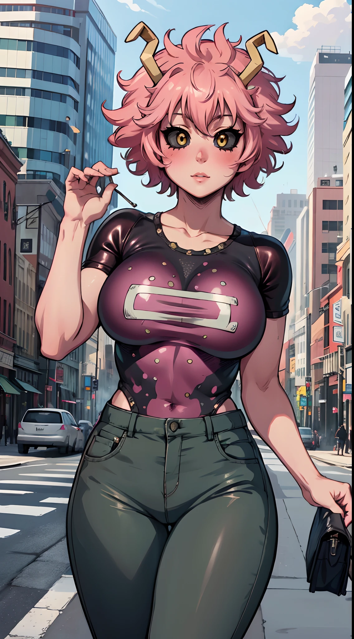 (best quality:1.3), (4k quality), 1 mature woman, Mina Ashido by boku no hero, ((Detailed face)), (blush), city, (pants leather)