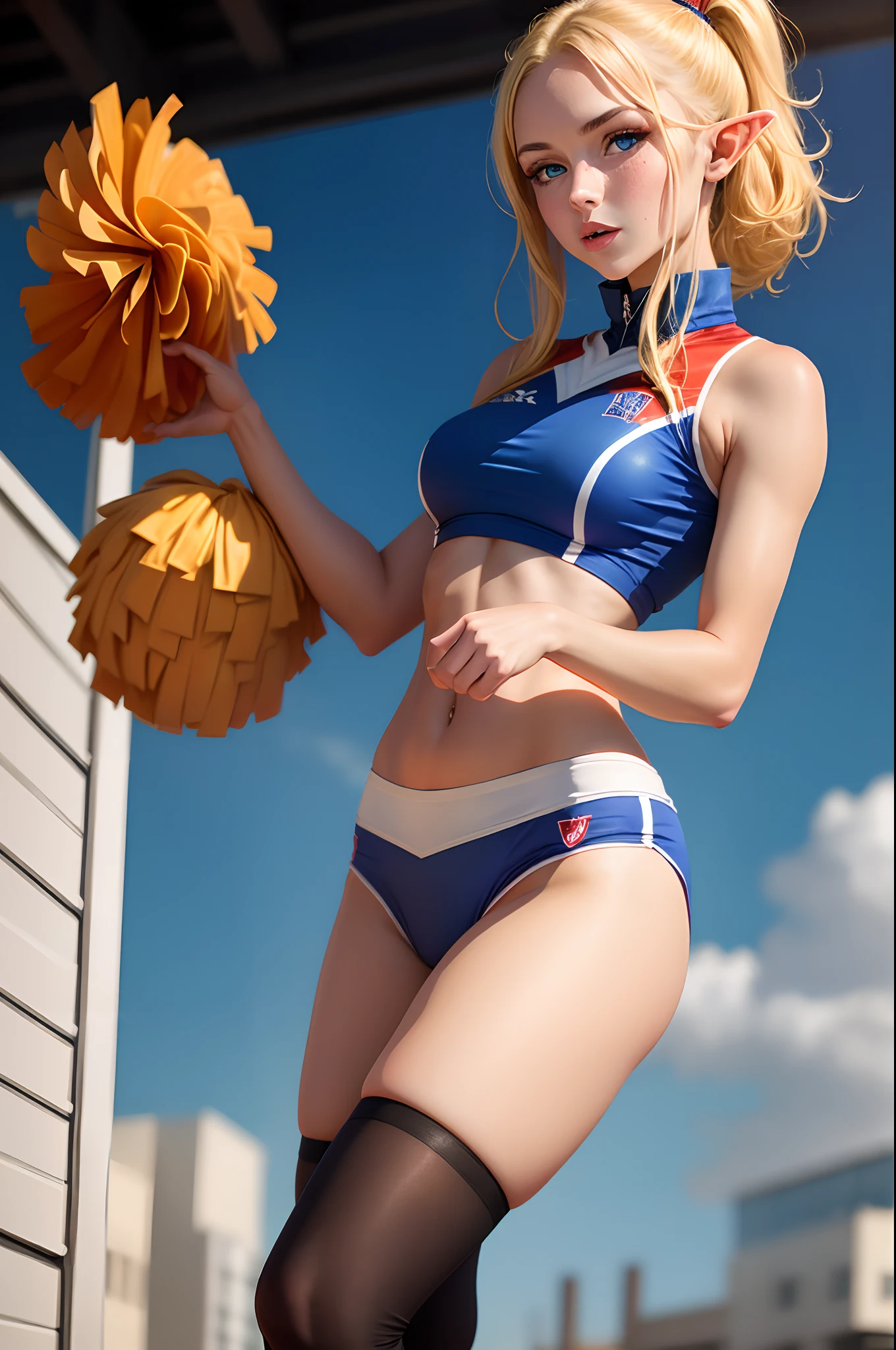 A female elf cheerleader with a red and blue uniform who has blonde hair and blue eyes