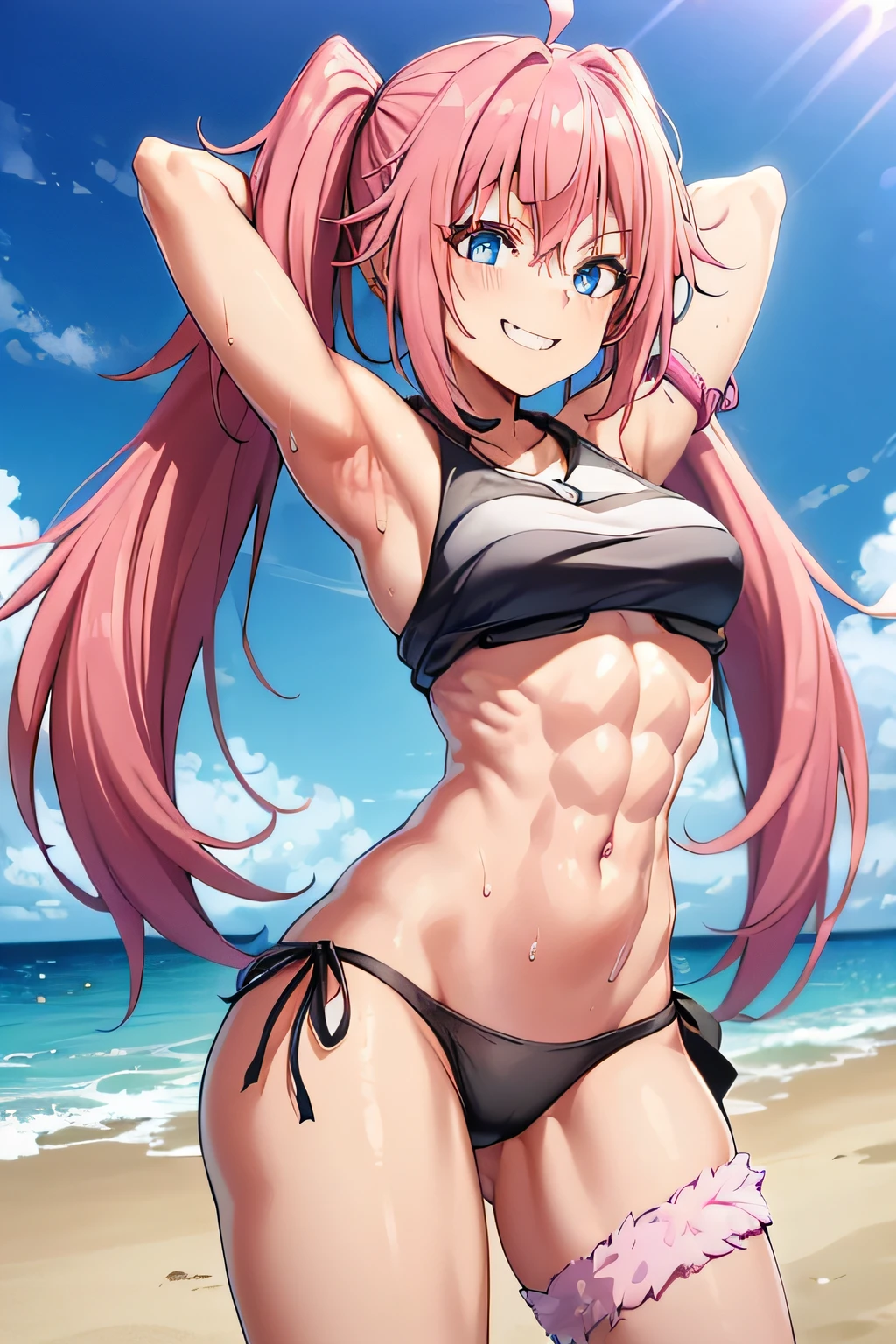 ((female)), (very messy hair), (happy smile), Fangs, ((ripped abs)), toned arms and legs, medium breasts, Excessive sweat, (summer beach scene), bright blue eyes, ( (pink hair)), barefoot, standing