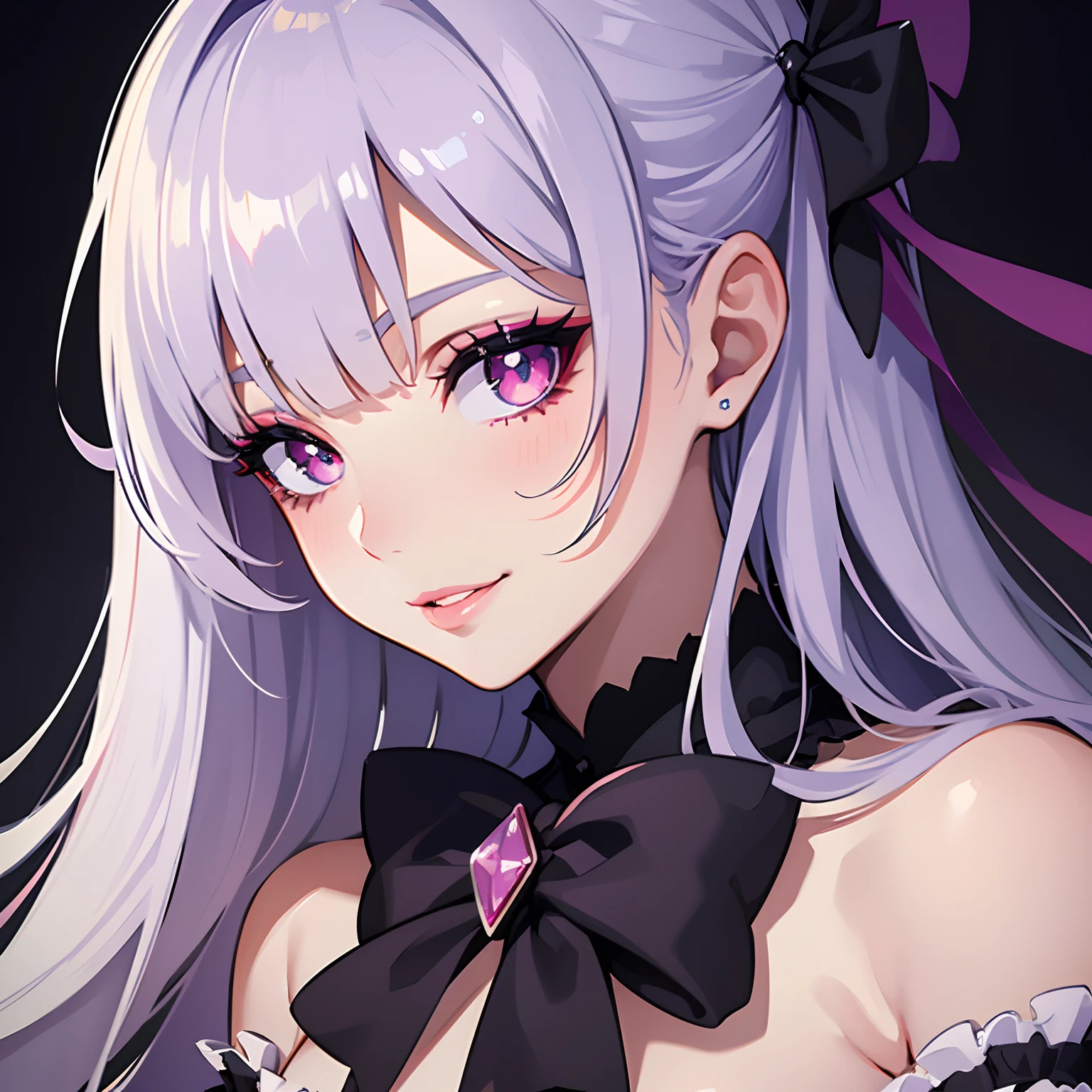 a smile,a beauty girl,beautidful eyes,Nasty eyes,Erotic look,animesque,head shot,close up of face,s lips,Glossy lips,Eyes Like Gems,long lashes,eyeshadows,lip stick,a ,frilld,bow ribbon,Gothic lolita