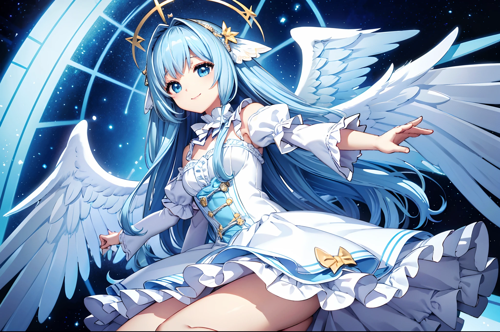Big big wings of angels shining in seven colors、1 kawaii girl、adorable smiling、Light blue long hair、Twin-tailed、Colorful angel costume in white and blue Lolita style with lots of frills、((top-quality))、((​masterpiece))、(ighly detailed、highestdetailed、Official art、Beautifully Aesthetic:1.2)