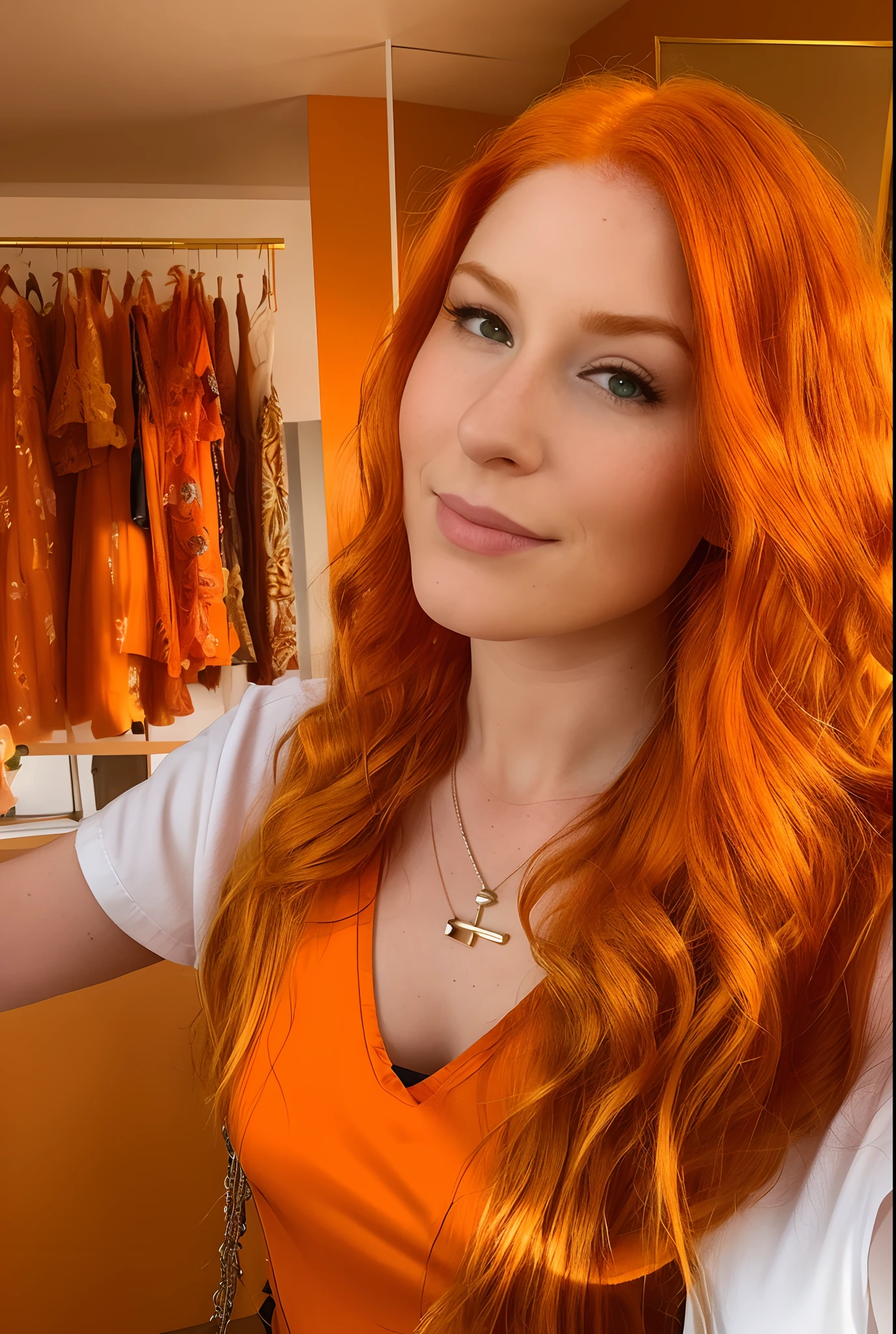 arafed woman with long orange hair and a necklace taking a selfie, orange hair with dyed orange hair, headshot profile picture, profile image, no makeup wavy orange hair, profile picture, flattering orange hair, tessgarman, parted orange hair, balayage, sydney hanson, wavy shoulder-length orange hair, orange long wavy hair, kaitlyn michelle siragusa