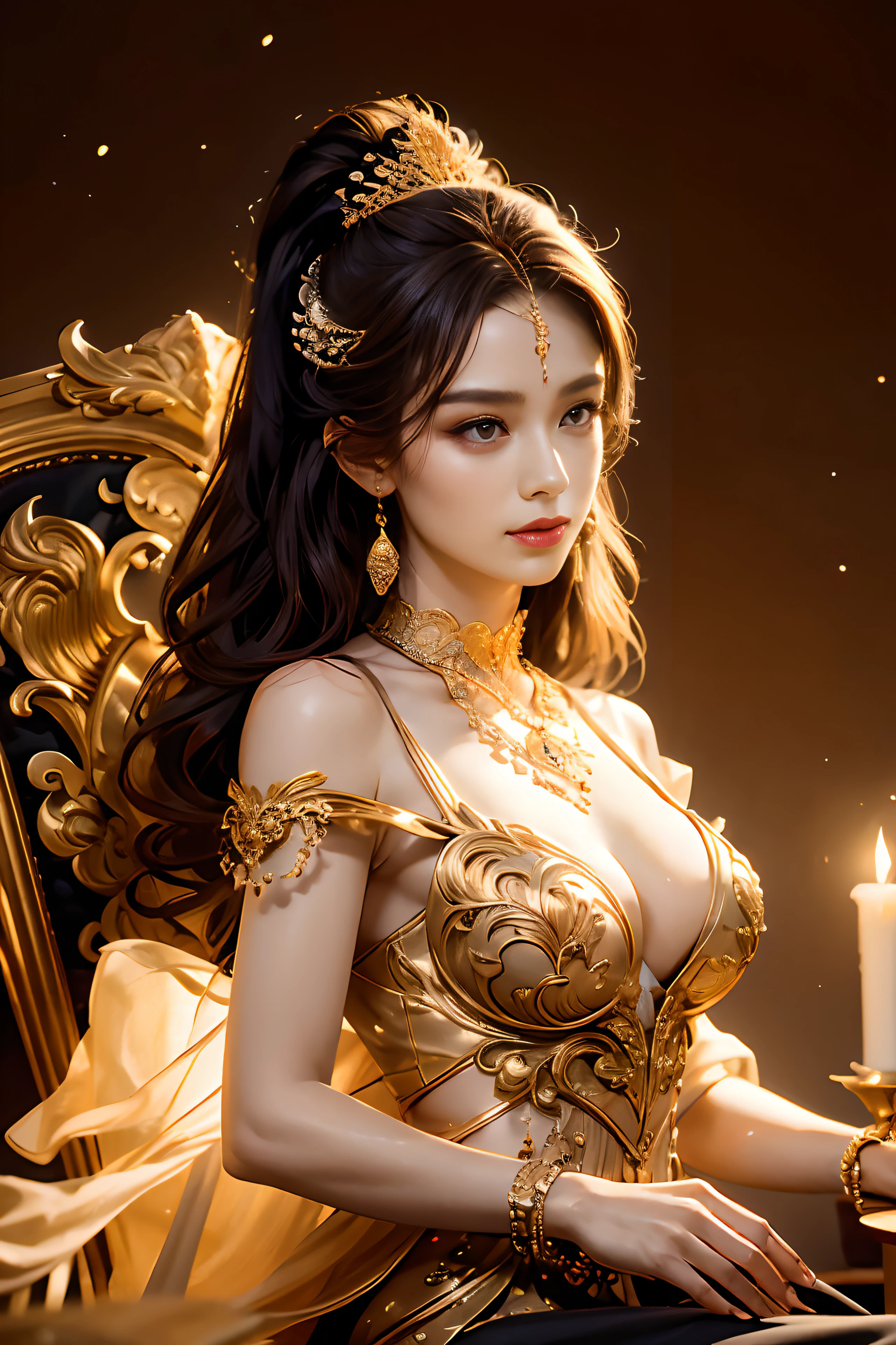 Noble goddess，Scepter in hand，Elegant temperament，mystical ambiance，Best quality、tmasterpiece、A high resolution、1girll、Sheer silk porcelain dress、Nice face、hair adornments、looking at viewer、shift dresses、hair adornments、choker necklace、jewely、long black hair、earring、pretty  face、Sit in a golden chair，Ancient mythology、Ancient palaces，Luxurious and detailed background、hentail realism、profesional lighting、edge lit、bicolor lighting、（highdetailskin：1.2）、8K, Ultra HD、Digital SLR、softlighting、high quality，Volumetriclighting，High resolution 4K，blur background，high contrast，largevaperture，automatic white balance，cinematic compositions，realisticlying