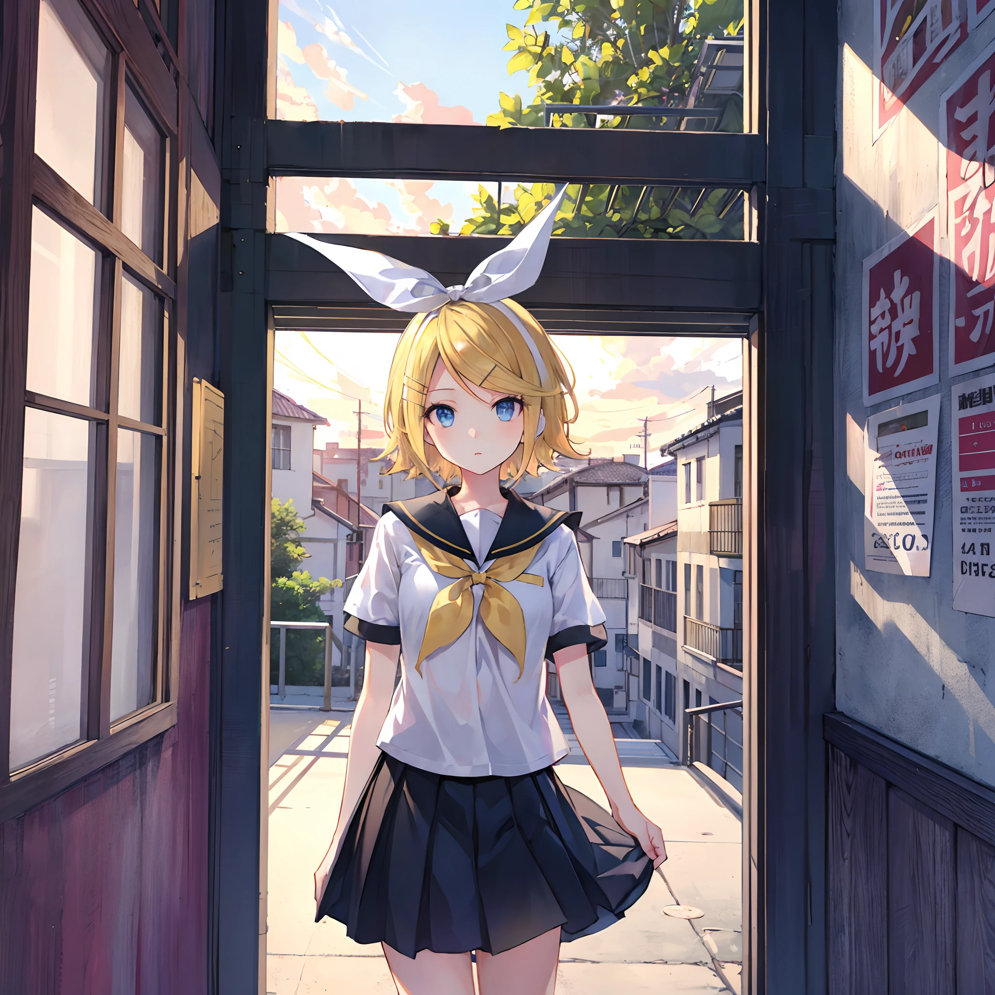 Kagamine Rin , por rubio , coletas 、ojos rojos、Hermosa chica sola、quimono、una minifalda、aula de escuela 、sentado en pupitre , luz de atardecer (entrando por la ventana , cortinas que se mueven un poco con el viento