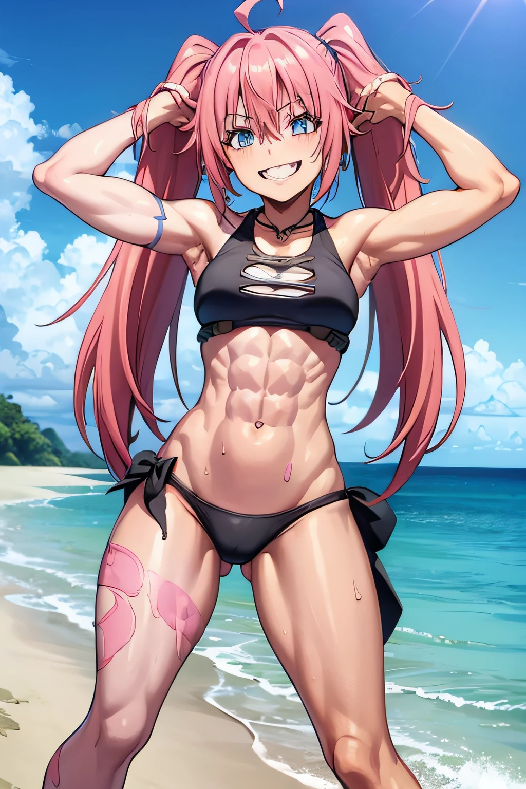((female)), (very messy hair), (happy smile), Fangs, ((ripped abs)), toned arms and legs, medium breasts, Excessive sweat, (summer beach scene), bright blue eyes, ( (pink hair)), barefoot, standing