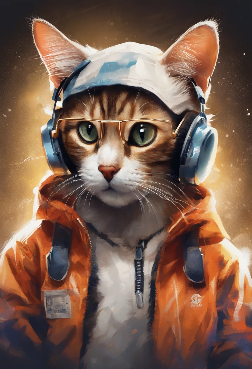 Perfect centering, Cute cat, Wear a student team jacket, Wearing sunglasses, Wearing headphones, cheerfulness, Standing position, Abstract beauty, Centered, Looking at the camera, Facing the camera, nearing perfection, Dynamic, Highly detailed, smooth, Sharp focus, 8K, high definition resolution, illustration, Art by Carne Griffiths and Wadim Kashin, White background