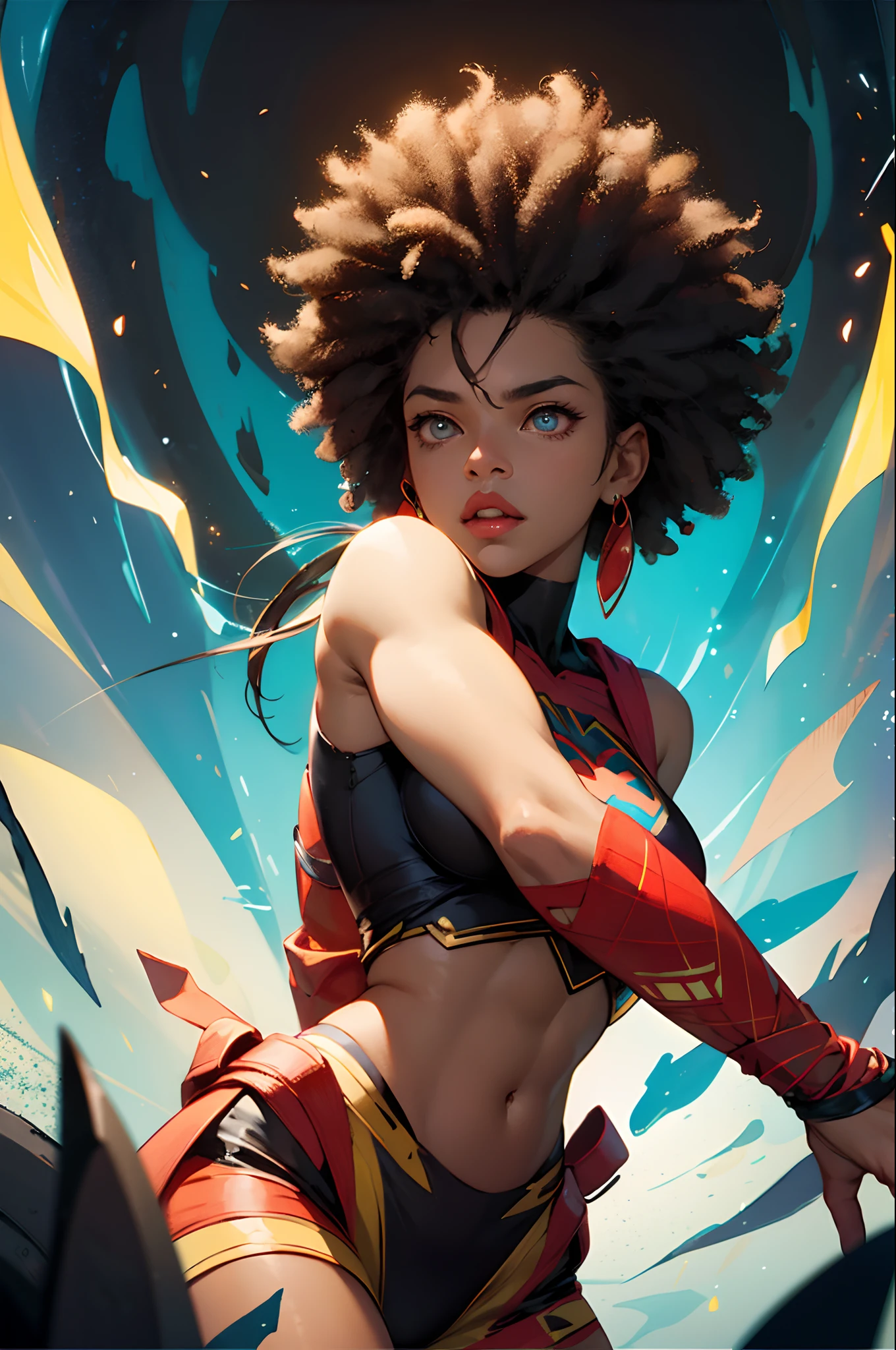 ((1girl)), solo, black girl, Afro, textured hair, super powers, superhero, dark-skinned, bright eyes, tribal clothing, anime. centered. Cartoon. HD