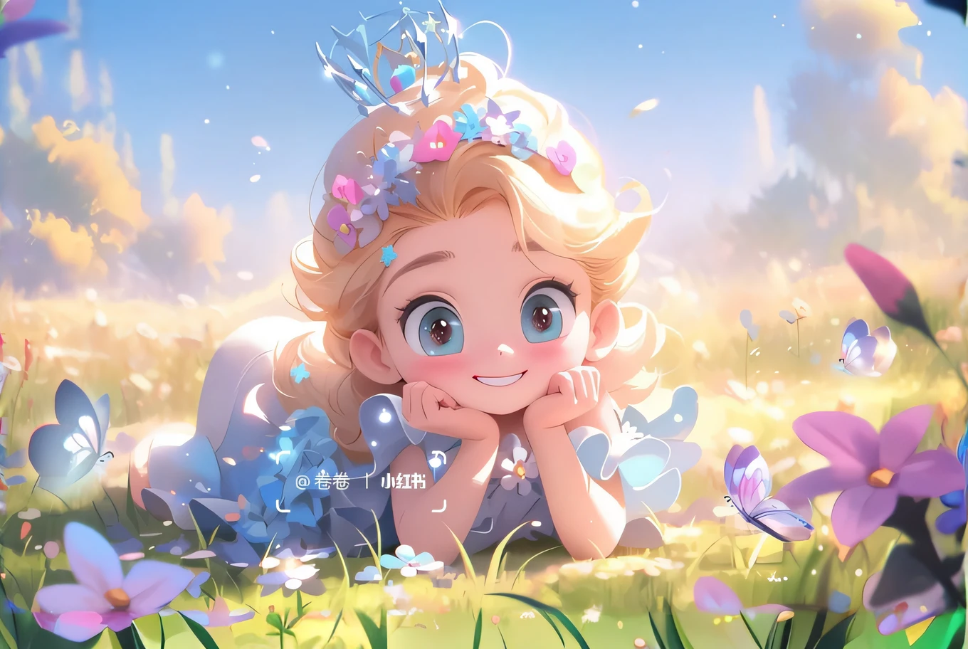Anime girl lying in a flower field,Tied, smiling as a queen of fairies, Splash art anime Loli, Cute detailed digital art, Guviz-style artwork, lovely digital painting, blond-haired princess, adorable digital art, Guviz, by Yang J, flower queen, lovely art style, trending on cgstation,Remove the watermark