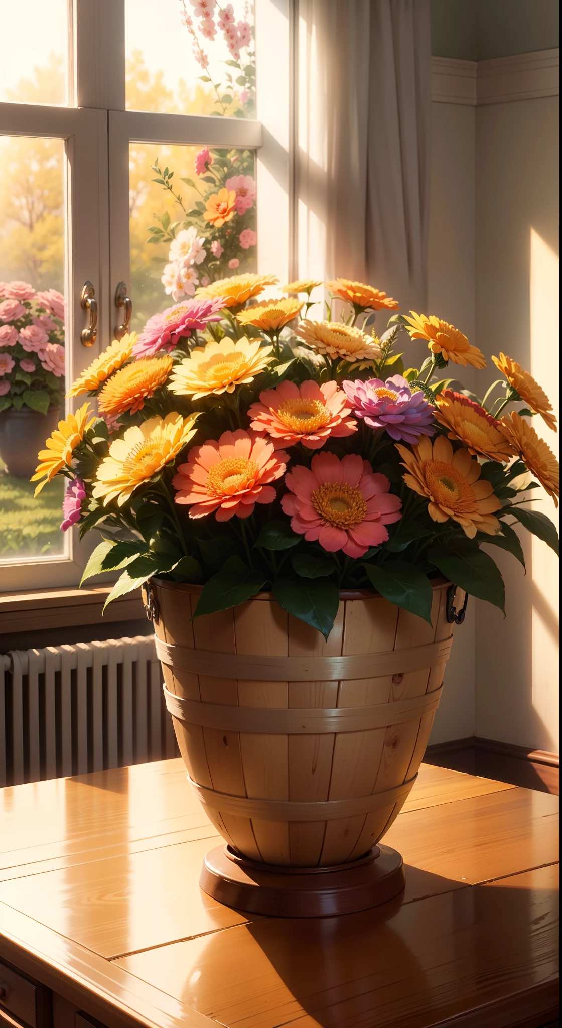 White basket luxuriously decorated with pastel and gold accents containing colorful flowers of the lantana species, with magical details. The flowers are lit by sunlight streaming in through the window. The basket is on top of a sideboard decorated with a lace towel drawing flowers with many realistic details in high quality, 8k, Usava, .RAW