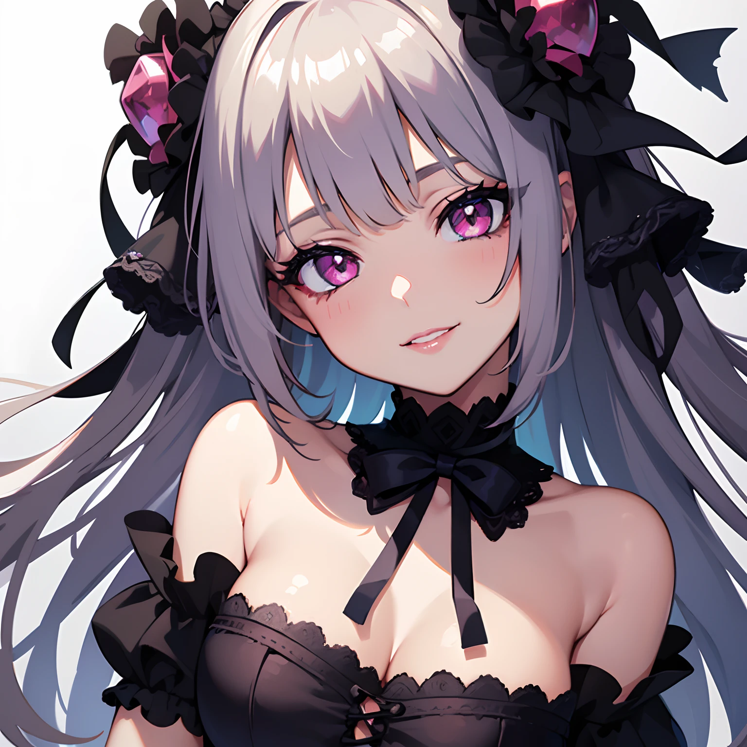 A smile,a beauty girl,beautidful eyes,Nasty eyes,Erotic look,animesque,head shot,close up of face,s lips,Glossy lips,Eyes Like Gems,long lashes,eyeshadows,lip stick,a junior high school student,frilld,bow ribbon,Gothic lolita