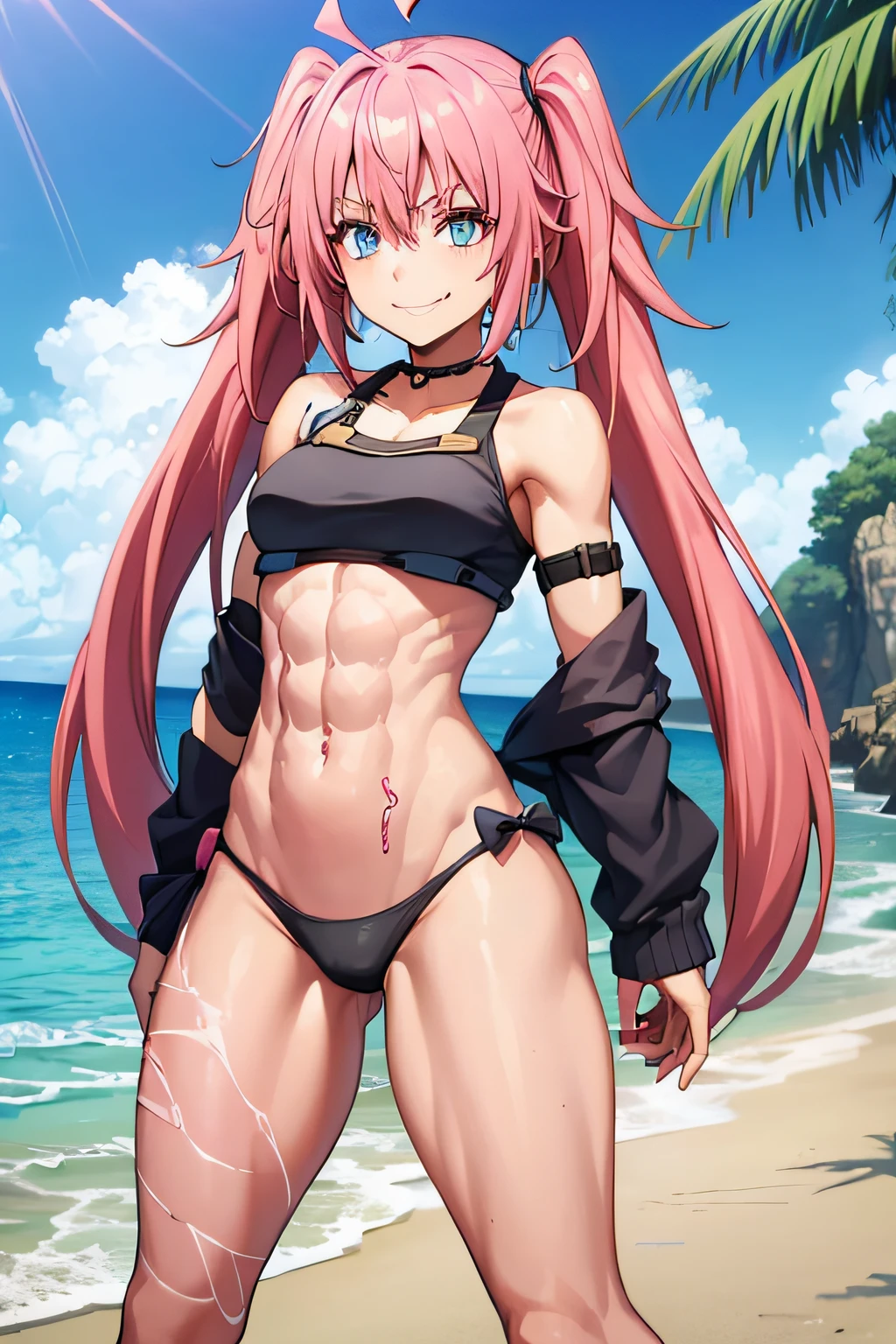 ((female)), (very messy hair), (happy smile), Fangs, ((ripped abs)), toned arms and legs, medium breasts, Excessive sweat, (summer beach scene), bright blue eyes, ( (pink hair)), barefoot, standing