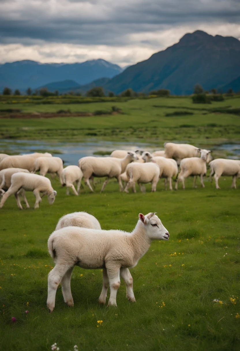 ((best qualtiy,Sony SLR lens,8K,Master masterpieces:1.3)),Background is grassland.Ground(Two lambs)),Eating grass,with mountains in the distance,Large area of green, Blue sky, white clouds, blue sky and white clouds,A few small red, yellow, pink, flowers)),hyper HD,Top-down view。