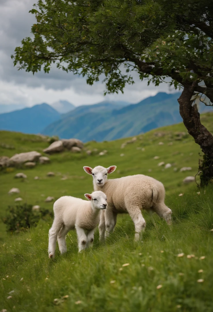 ((best qualtiy,Sony SLR lens,8K,Master masterpieces:1.3)),Background is grassland.Ground(Two lambs)),Eating grass,with mountains in the distance,Large area of green, Blue sky, white clouds, blue sky and white clouds,A few small red, yellow, pink, flowers)),hyper HD,Top-down view。