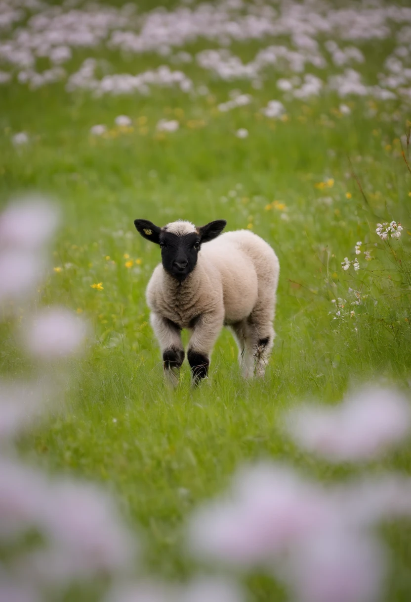 ((best qualtiy,Sony SLR lens,8K,Master masterpieces:1.3)),Background is grassland.Ground(Two lambs)),Eating grass,with mountains in the distance,Large area of green, Blue sky, white clouds, blue sky and white clouds,A few small red, yellow, pink, flowers)),hyper HD,Top-down view。