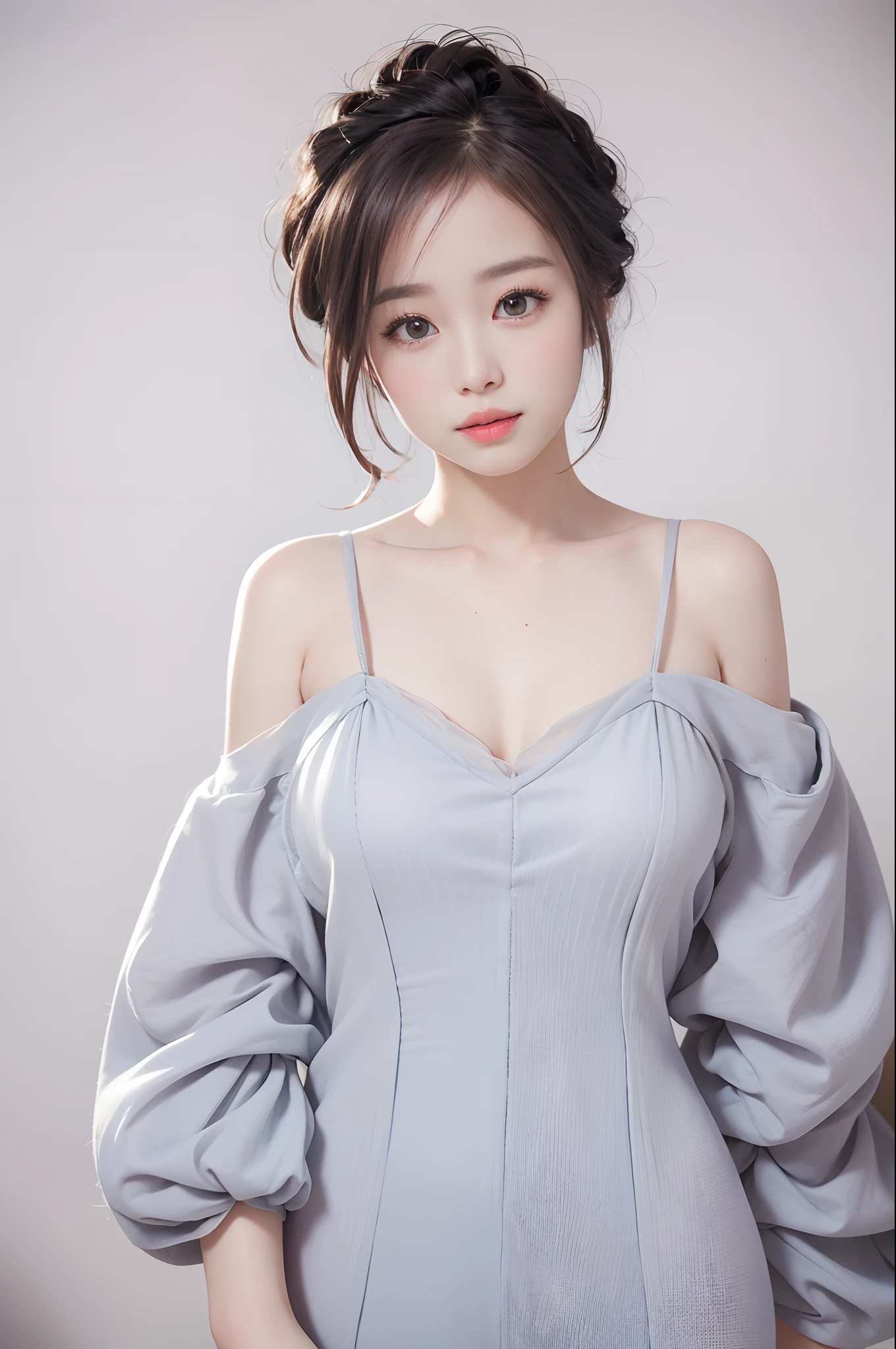 best qualtiy， tmasterpiece， 超高分辨率， realisticlying， 1girll， bshoulders， ssmile， Oversized_Sweater， gentlesoftlighting， Delicate skin， brown  hair，(Beautiful breasts)，(Close both eyes:1.2)，