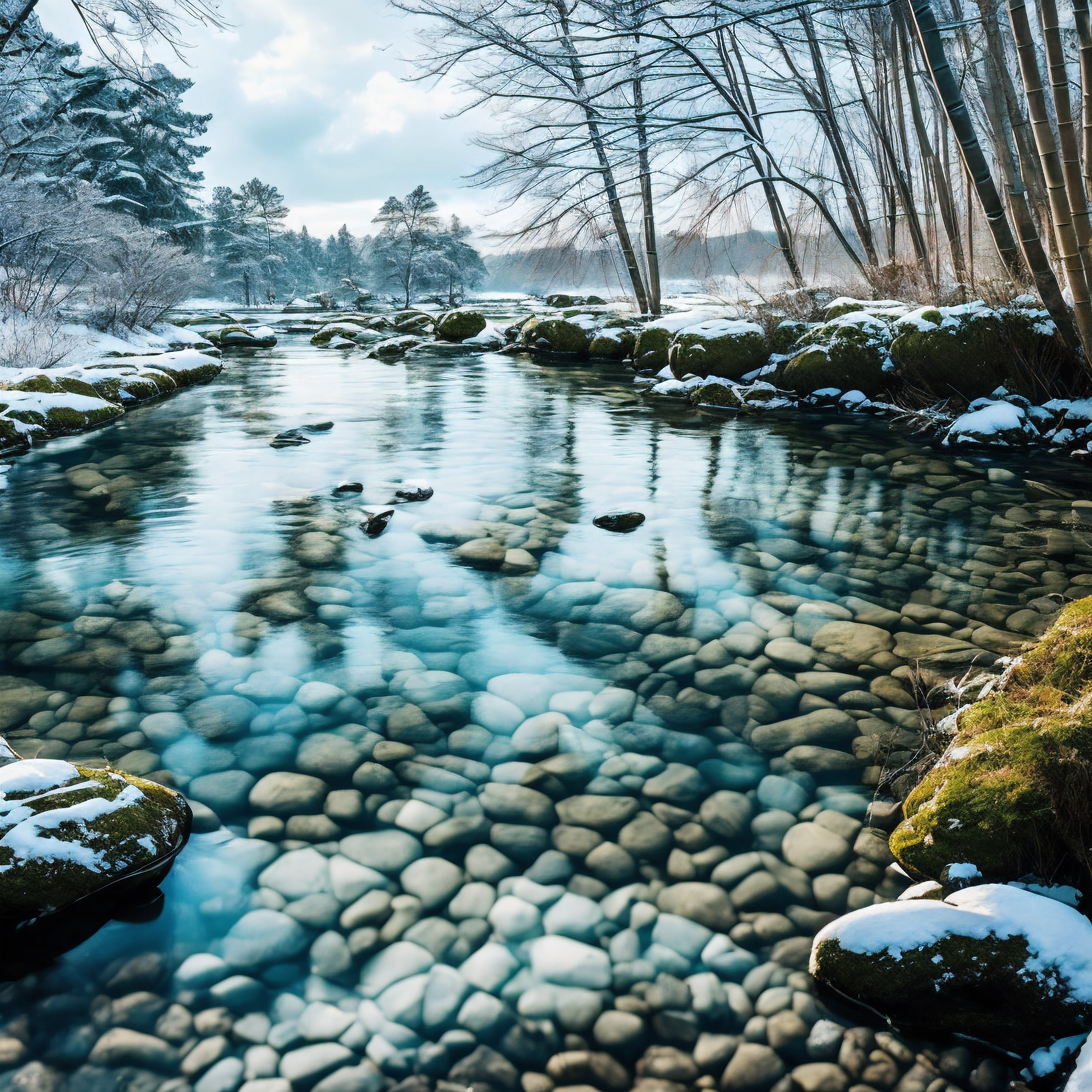 The old man sat serenely in his small wooden boat, drifting slowly down the winding river. He wore a faded green raincoat and a wide brimmed bamboo hat that sheltered him from the softly falling snow. Tufts of white hair poked out from under his hat, and his wrinkled hands held the fishing pole steadily.
All around him the snow-covered landscape was still and quiet, muffling all sounds except for the gentle lapping of the river. Snow blanketed the ground and weighed down the pine branches along the riverbanks. The clouds above were heavy and gray, muting the sunlight into a soft white glow.
The old man did not seem to mind the chill in the air. He had a calm, peaceful look on his weathered face. His eyes reflected the tranquility of the nature around him. Here on the river, he was surrounded by beautiful solitude.
He did not seem rushed to catch any fish. Instead he took his time, appreciating the beauty of this moment. The simplicity and meaningfulness of just being here, drifting with the flow of the river. Connected to nature's rhythm. Patiently watching his line, contemplating life's mysteries.
The traditional Chinese style of this serene scene evoked the essence of harmony between man and nature. The lone fisherman became one with the ebb and flow of the elements around him. Embodying the quiet wisdom that comes from a life fully lived.