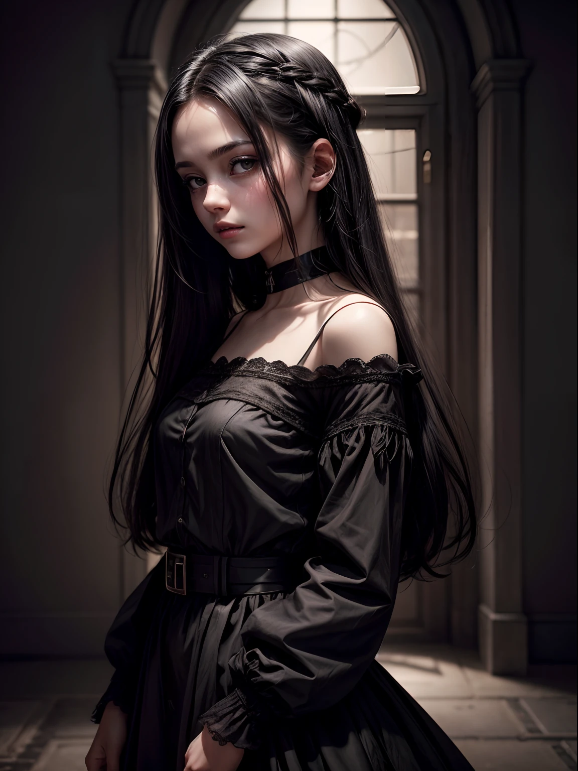 A  girl with pale skin and long, straight black hair. large and dark eyes , with an intense and enigmatic expression. wearing the orphan movie clothe style, with a more elegant and sophisticated touch, something that matches her mysterious and strong personality. Overall, her appearance would be striking, attracting curious and intrigued looks. flat chested, cinematic lighting, chromatic aberration, backlighting, masterpiece, high details, high quality, 4K.