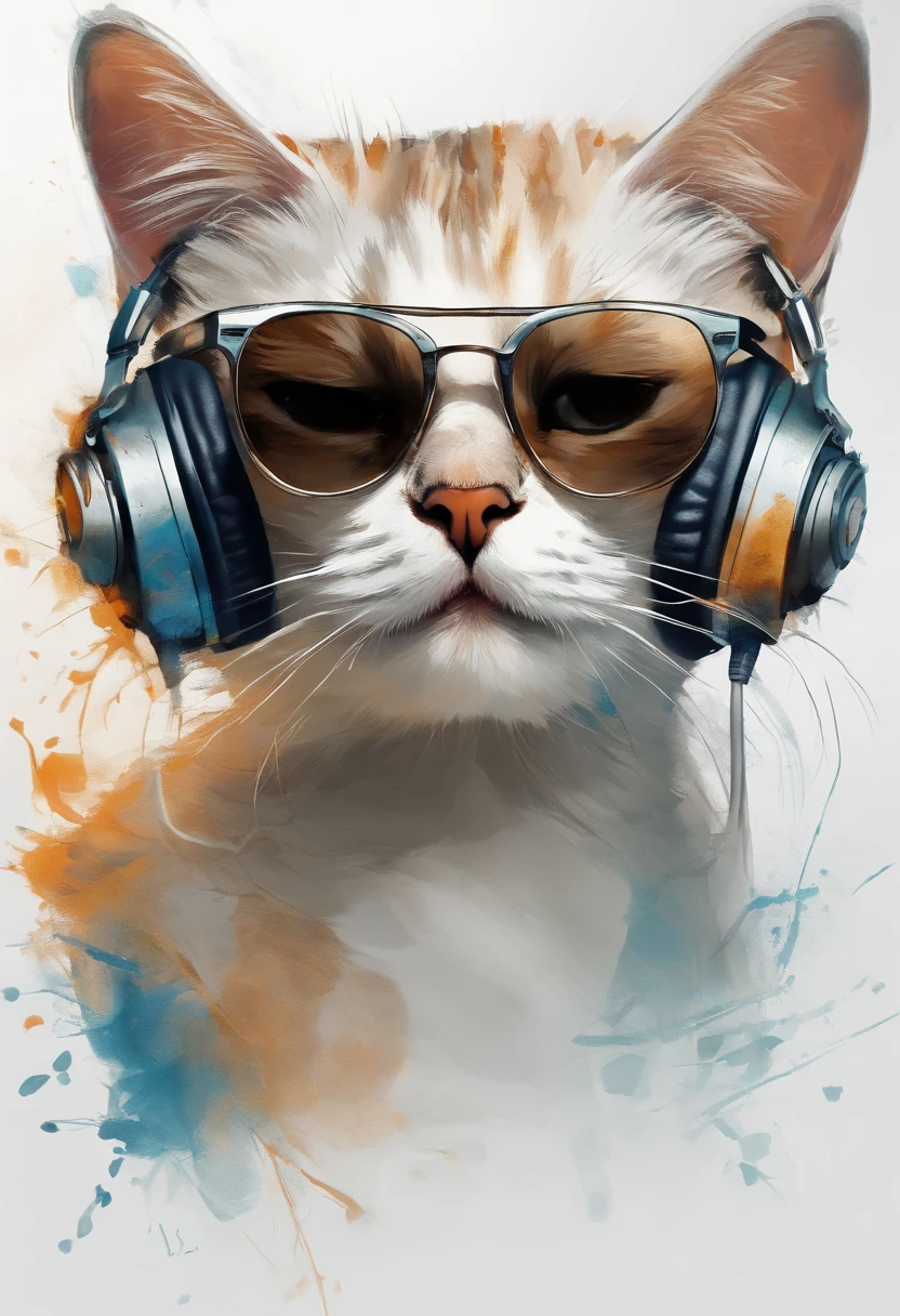 Perfect centering, Cute cat, Trendy style, Wearing sunglasses, Wearing headphones, cheerfulness, Standing position, Abstract beauty, Centered, Looking at the camera, Facing the camera, nearing perfection, Dynamic, Highly detailed, smooth, Sharp focus, 8K, high definition resolution, illustration, Art by Carne Griffiths and Wadim Kashin, White background, 3D, Present your feet， high qulity， Height ratio is normal