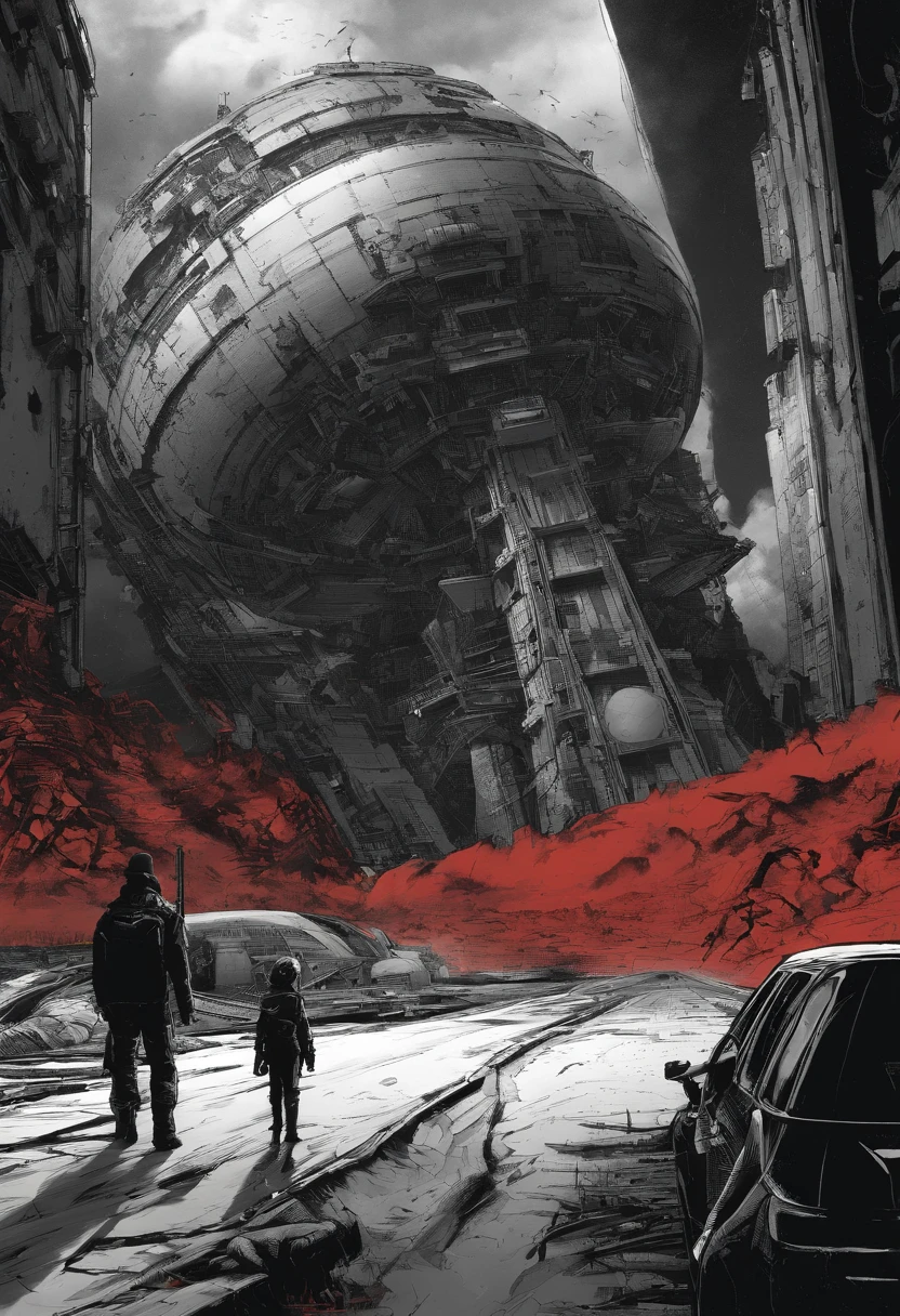 The end of the world,nuclear bomb,atomic bomb,H-bomb,Black red,wide angles,Look up,Big perspective,blasts,destroy