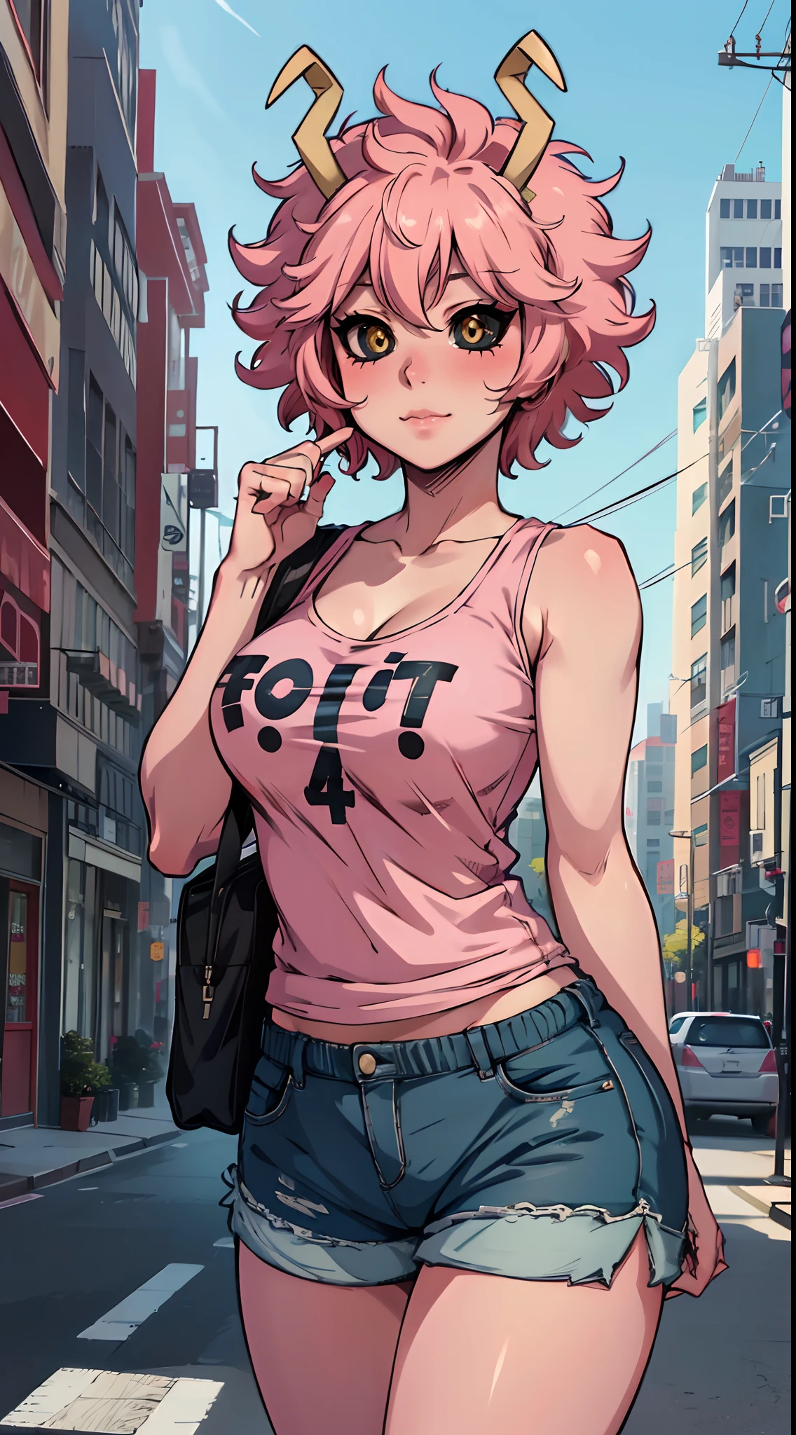 (best quality:1.3), (4k quality), 1 mature woman, Mina Ashido by boku no hero, ((Detailed face)), (blush), city, (shorts)