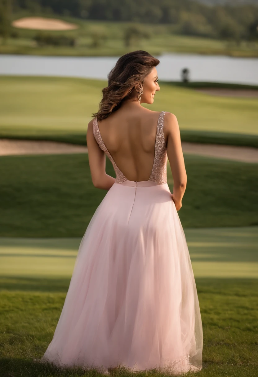 ((best qualtiy,Sony SLR lens,8k,hentail realism,Master masterpieces:1.3)),A tall and beautiful woman,Stand on the golf course lawn,The ultimate perfect body:1.4,D-cups,Slender abs,Straight chest,Dark black hairstyle,Short hair, short hair, short hair,(((Pink tight-fitting top T-shirt))),White color suit pants,,((There are no postural movements))),Stand straight,Highly Detailed Face and Skin Textur,Detailed eyes,二重まぶた,With a smile on your face