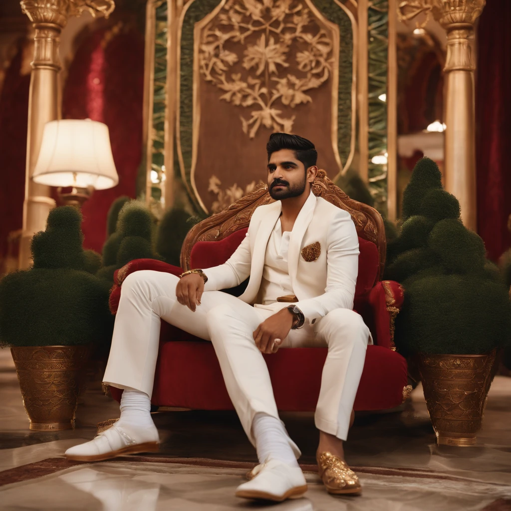 create An AI-generated artwork features the Pakistani cricket team captain Babar Azam, the renowned cricketer, seated regally on a king's throne. The art is a visually captivating composition, rich in vibrant and royal colors, primarily golds, and reds, underscoring the grandeur of the scene. The Pakistani cricket team captain Babar Azam's posture exudes confidence and authority, emphasizing his significance in the cricketing world.
The focal point is the opulent king's chair, detailed with intricate carvings, gilded edges, and plush cushions, further highlighting the royal setting. The backdrop may include cricket-related elements such as bats, balls, or a stadium, symbolizing the Pakistani cricket team captain Babar Azam's cricketing achievements.
This AI-generated art aims to encapsulate the essence of the Pakistani cricket team captain Babar Azam's stature in cricket, portraying him as a modern-day king of the sport. The attention to detail in his presence and the opulence of his "throne" serve to celebrate his accomplishments and underline his prominence in the cricketing world, creating a striking visual narrative.