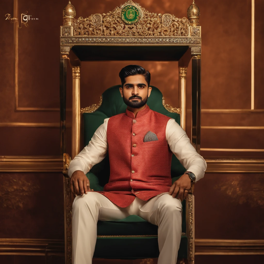 create An AI-generated artwork features the Pakistani cricket team captain Babar Azam, the renowned cricketer, seated regally on a king's throne. The art is a visually captivating composition, rich in vibrant and royal colors, primarily  golds, and reds, underscoring the grandeur of the scene. The Pakistani cricket team captain Babar Azam's posture exudes confidence and authority, emphasizing his significance in the cricketing world.
The focal point is the opulent king's chair, detailed with intricate carvings, gilded edges, and plush cushions, further highlighting the royal setting. The backdrop may include cricket-related elements such as bats, balls, or a stadium, symbolizing the Pakistani cricket team captain Babar Azam's cricketing achievements.
This AI-generated art aims to encapsulate the essence of the Pakistani cricket team captain Babar Azam's stature in cricket, portraying him as a modern-day king of the sport. The attention to detail in his presence and the opulence of his "throne" serve to celebrate his accomplishments and underline his prominence in the cricketing world, creating a striking visual narrative.