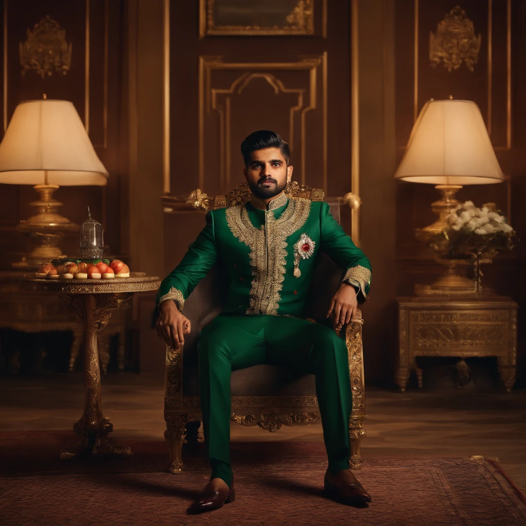 create An AI-generated artwork features the Pakistani cricket team captain Babar Azam, the renowned cricketer, seated regally on a king's throne. The art is a visually captivating composition, rich in vibrant and royal colors, primarily golds, and reds, underscoring the grandeur of the scene. The Pakistani cricket team captain Babar Azam's posture exudes confidence and authority, emphasizing his significance in the cricketing world.
The focal point is the opulent king's chair, detailed with intricate carvings, gilded edges, and plush cushions, further highlighting the royal setting. The backdrop may include cricket-related elements such as bats, balls, or a stadium, symbolizing the Pakistani cricket team captain Babar Azam's cricketing achievements.
This AI-generated art aims to encapsulate the essence of the Pakistani cricket team captain Babar Azam's stature in cricket, portraying him as a modern-day king of the sport. The attention to detail in his presence and the opulence of his "throne" serve to celebrate his accomplishments and underline his prominence in the cricketing world, creating a striking visual narrative.