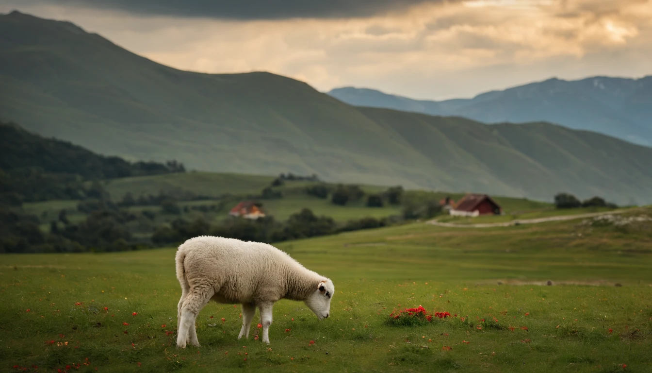 ((best qualtiy,Sony SLR lens,8K,Master masterpieces:1.3)),Background is grassland.Ground(Two lambs)),Eating grass,with mountains in the distance,Large area of green,Large space white space, large space white space, large space white space, Blue sky, white clouds, blue sky and white clouds,A few small red, yellow, pink, flowers)),hyper HD,Top-down view。