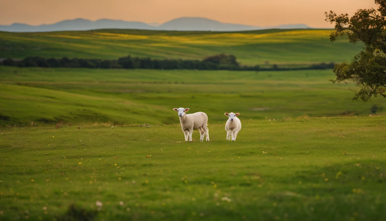 ((best qualtiy,Sony SLR lens,8K,Master masterpieces:1.3)),Background is grassland.Ground(Two lambs)),Eating grass,with mountains in the distance,Large area of green,Large space white space, large space white space, large space white space, Blue sky, white clouds, blue sky and white clouds,A few small red, yellow, pink, flowers)),hyper HD,Top-down view。