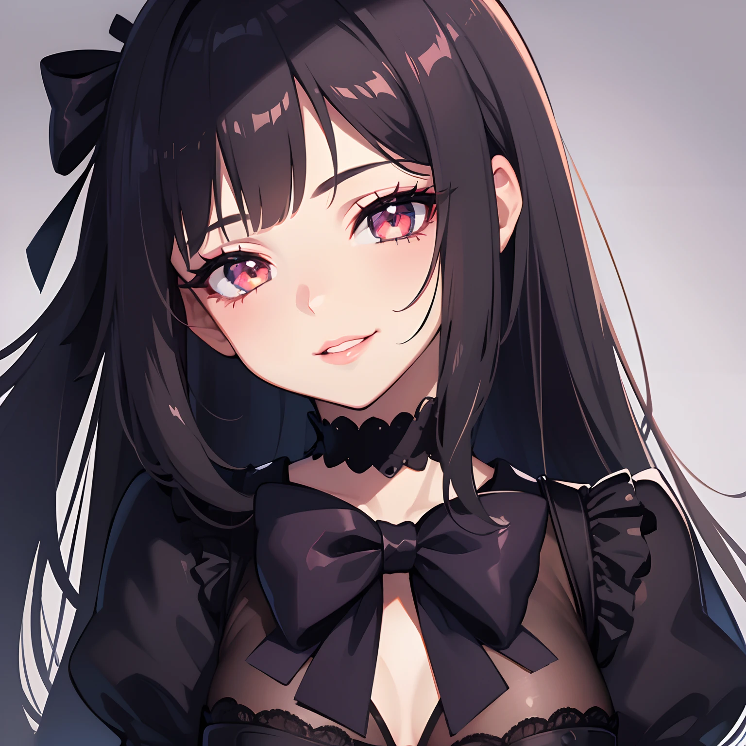 A smile,a beauty girl,beautidful eyes,Nasty eyes,Erotic look,animesque,head shot,close up of face,s lips,Glossy lips,Eyes Like Gems,long lashes,eyeshadows,lip stick,a junior high school student,frilld,bow ribbon,Gothic lolita,A dark-haired