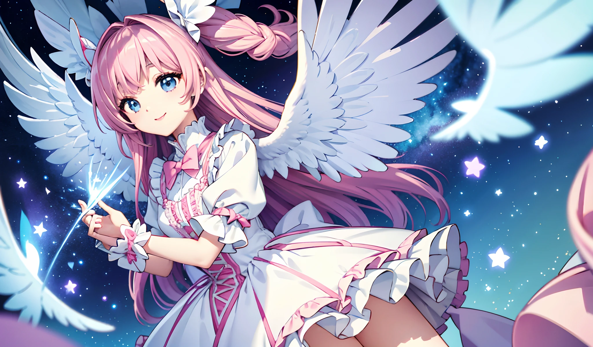 Big big wings of angels shining in seven colors、1 Kawaii Girl、adorable smiling、Light blue long hair、Twin-tailed、Colorful angel costume in white and pink Lolita style with lots of frills、((top-quality))、((masterpiece))、(ighly detailed、highestdetailed、Official art、Beautifully Aesthetic:1.2)