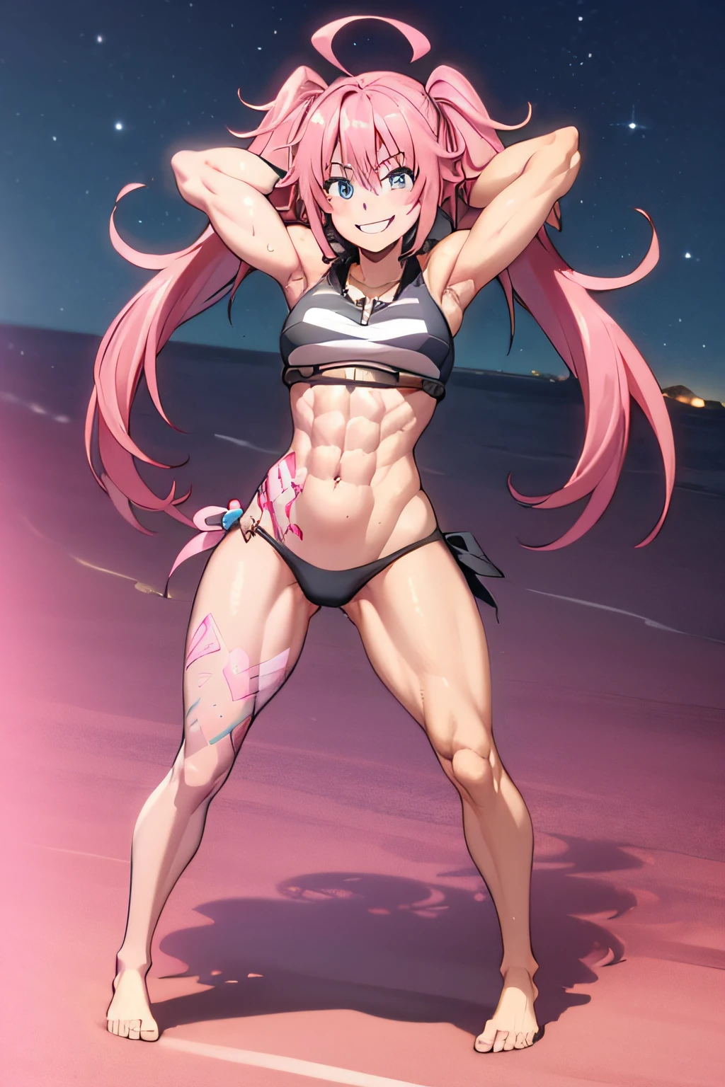 ((female)), (very messy hair), (happy smile), Fangs, ((ripped abs)), toned arms and legs, medium breasts, Excessive sweat, (summer beach scene), bright blue eyes, ( (pink hair)), barefoot, standing, ((full body photo))