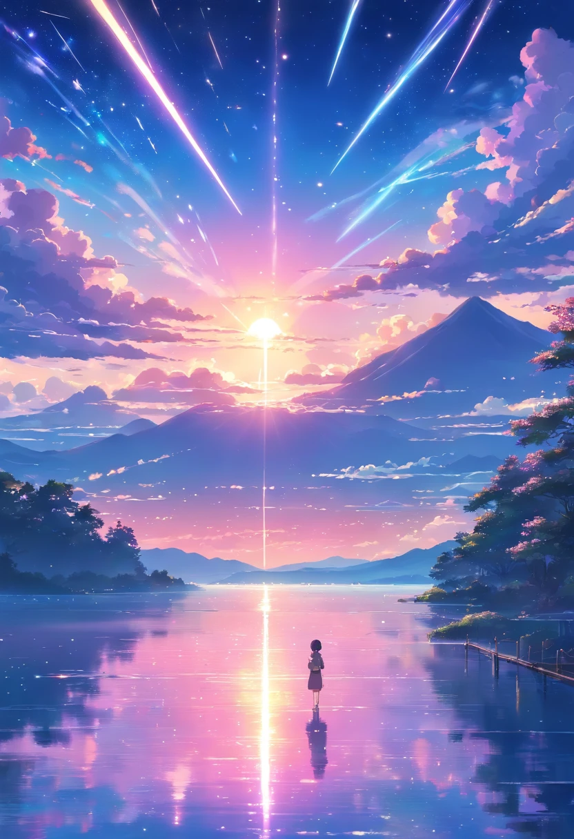 Shooting a painting of shooting stars over the lake, there are two shooting stars, pink and blue shooting stars. The blue sky, the pink-purple lake surface, has a layered color transition. You name it movie style, anime backgrounds, anime movie backgrounds, perfect reflection effects, anime sky, amazing wallpapers, vibrant colors, vibrant colors, bright colors. You name it, colorful anime movie backgrounds, anime clouds, no houses, no buildings, no humans. There are no ships. Beautiful anime scenes, anime background art, cosmic sky. Author: Makoto Shinkai, ufotable art style, anime beautiful peaceful scenes, atmospheric anime