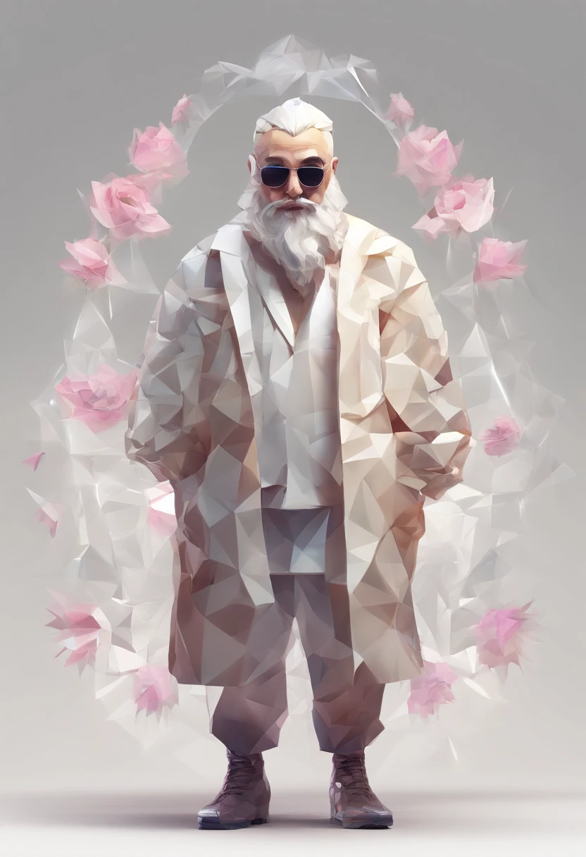 Perfect alignment, Sand monk in jacket,crystal vases,Rose flower, Wearing sunglasses, cheerfulness, Standing position, Abstract beauty, Centered, Looking at the camera, Facing the camera, nearing perfection, Dynamic, Highly detailed, smooth, Sharp focus, 8K, high definition resolution, illustration, Art by Carne Griffiths and Wadim Kashin, White background