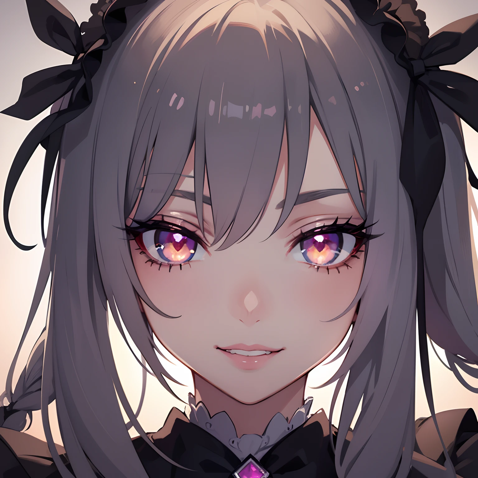A smile,a beauty girl,beautidful eyes,Nasty eyes,Erotic look,animesque,head shot,close up of face,s lips,Glossy lips,Eyes Like Gems,long lashes,eyeshadows,lip stick,a ,frilld,bow ribbon,Gothic lolita,A dark-haired