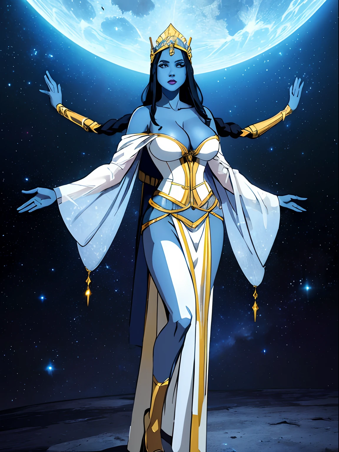 (masterpiece, top quality, best quality, official art, beautiful and aesthetic:1.2), (1girl:1.3), dark blue hair in braid, extremely detailed, portrait, looking at viewer, solo, (full body:0.6), detailed background, close up, (cool science fiction space theme:1.1), ((((blue skin)))), extremely busty sorceress, charlatan, mysterious, casting spells in space, four arms, revealing white and gold robes, fingerless gloves, long gloves, glowing magical energy, white blindfold, elaborate headdress, golden ceremonial crown, sheer white fabric, elegant robes, skirts, streamers, cowl, cape, sandals, bracers, ((((four arms, gigantic breasts, cleavage, skindentation)))), slim waist, slim hips, long sexy legs, athletic, SPACE, futuristic moon, (space exterior:1.1) background, dark mysterious lighting, shadows, magical atmosphere, dutch angle
