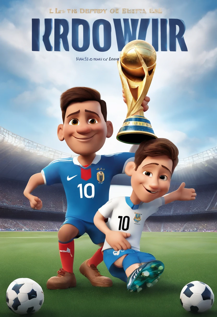 I created a Pixar animation-style image of a movie cover where it says in the title: YOU'RE MY DEPUTY!" and on the cover is shown the Argentine footballer Lionel Messi lifting the football world cup trophy in front of the French footballer Kyllian Mbappé, player of the French national football team"