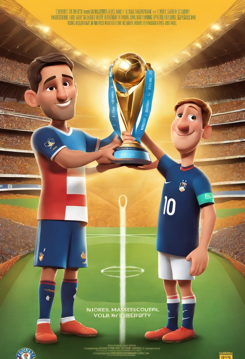 I created a Pixar animation-style image of a movie cover where it says in the title: YOU'RE MY DEPUTY!" and on the cover is shown the Argentine footballer Lionel Messi lifting the football world cup trophy in front of the French footballer Kyllian Mbappé, player of the French national football team"
